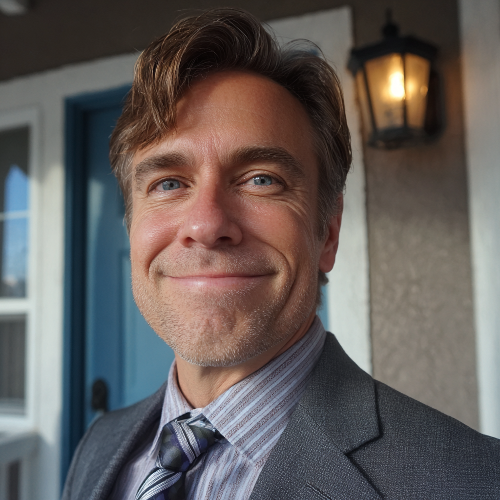 A smiling man standing on a porch | Source: Midjourney