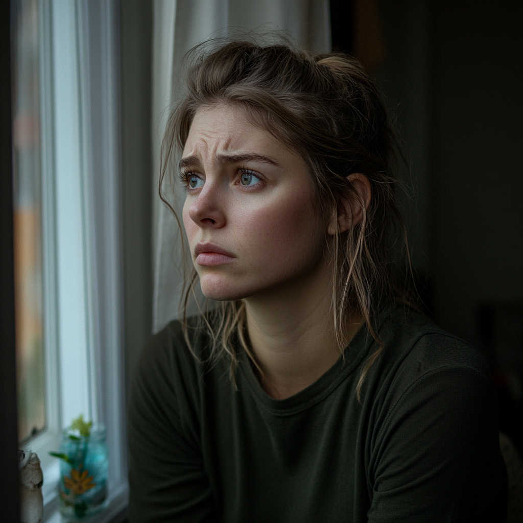 A woman looks worried and lost in her thoughts | Source: Midjourney