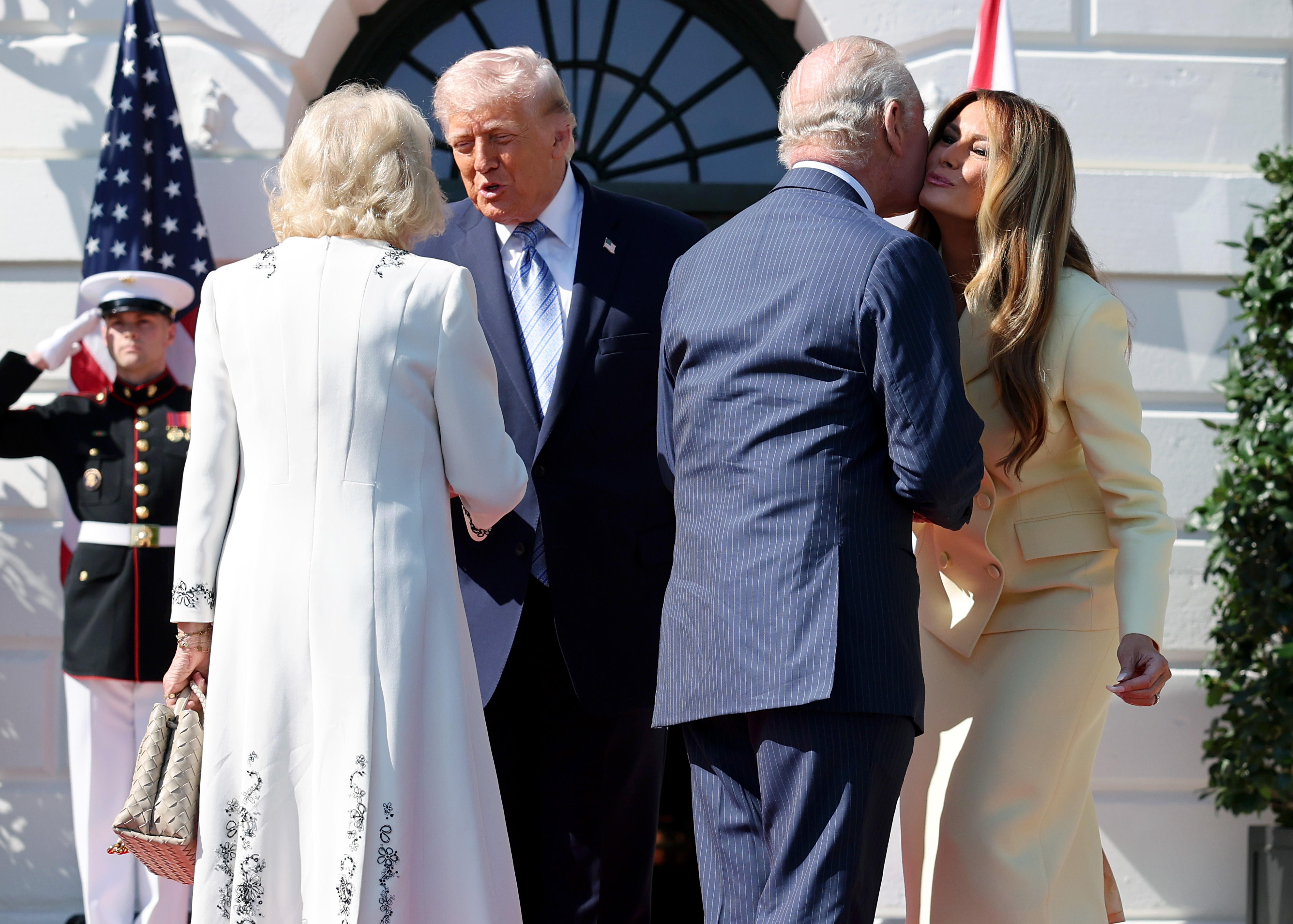 President Donald Trump, King Charles III and First Lady Melania Trump on day one of the State Visit of King Charles III and Queen Camilla on April 27, 2026 in Washington, DC. | Source: Getty Images