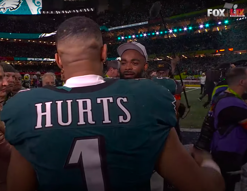 Jalen Hurts and Brandon Graham sharing a moment of fellowship after the game, posted on February 10, 2025. | Source: YouTube/NFL on Fox