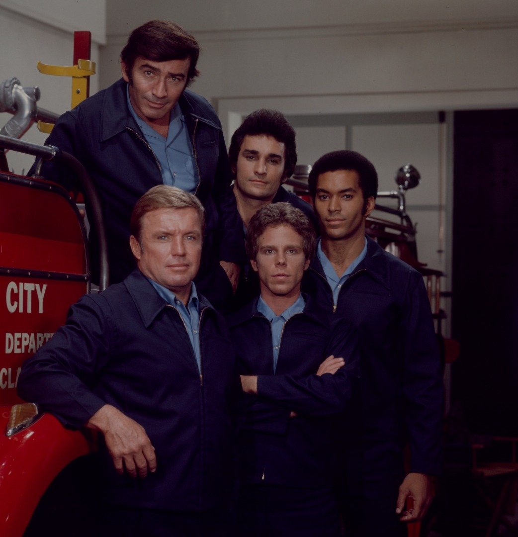 James Drury, Michael DeLano, Richard Jaeckel, Brad David, Bill Overton promotional photo for the ABC tv series 'Firehouse'. | Source: Getty Images