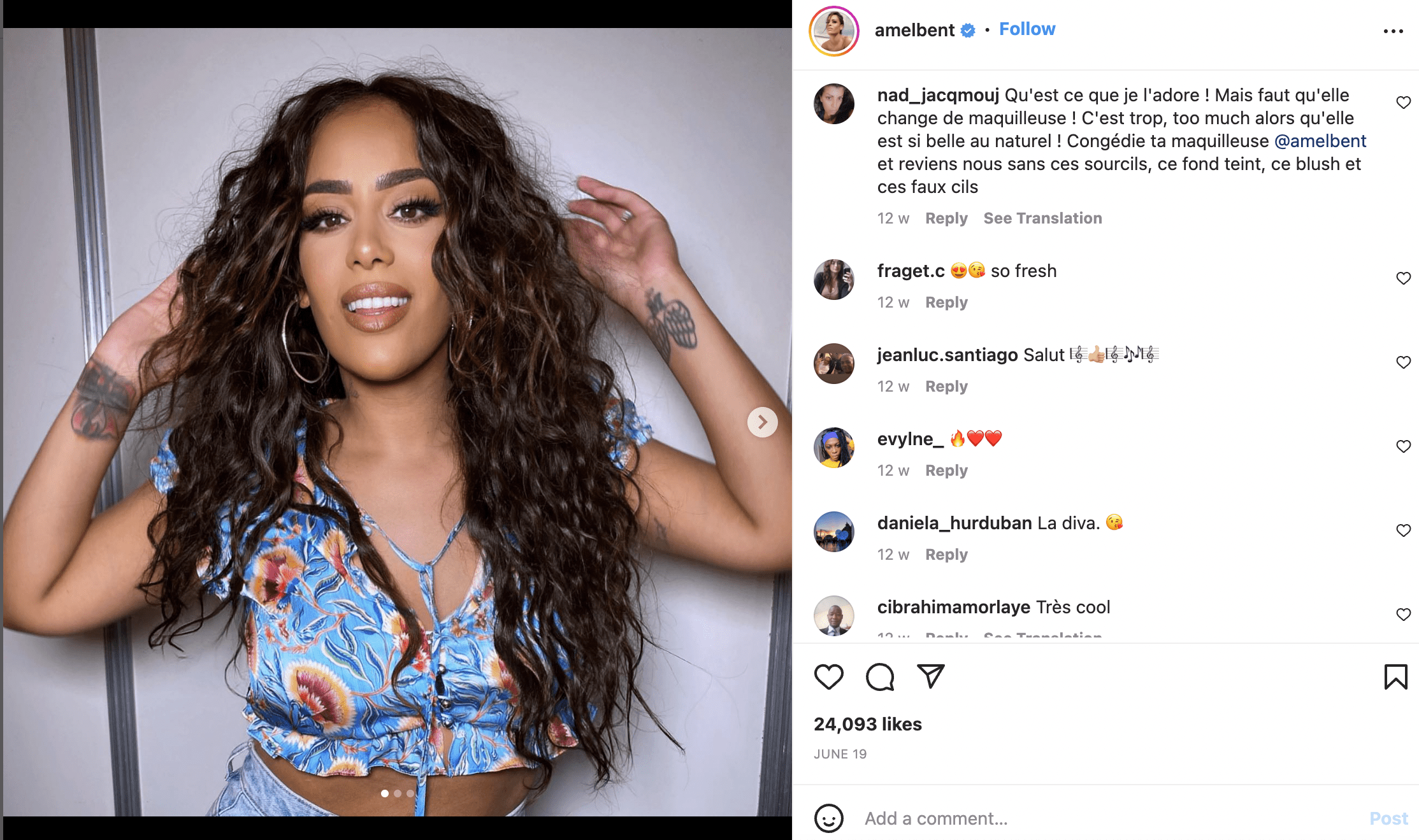 Capture d'écran de la réaction des internautes à la photo d'Amel Bent. І Instagram