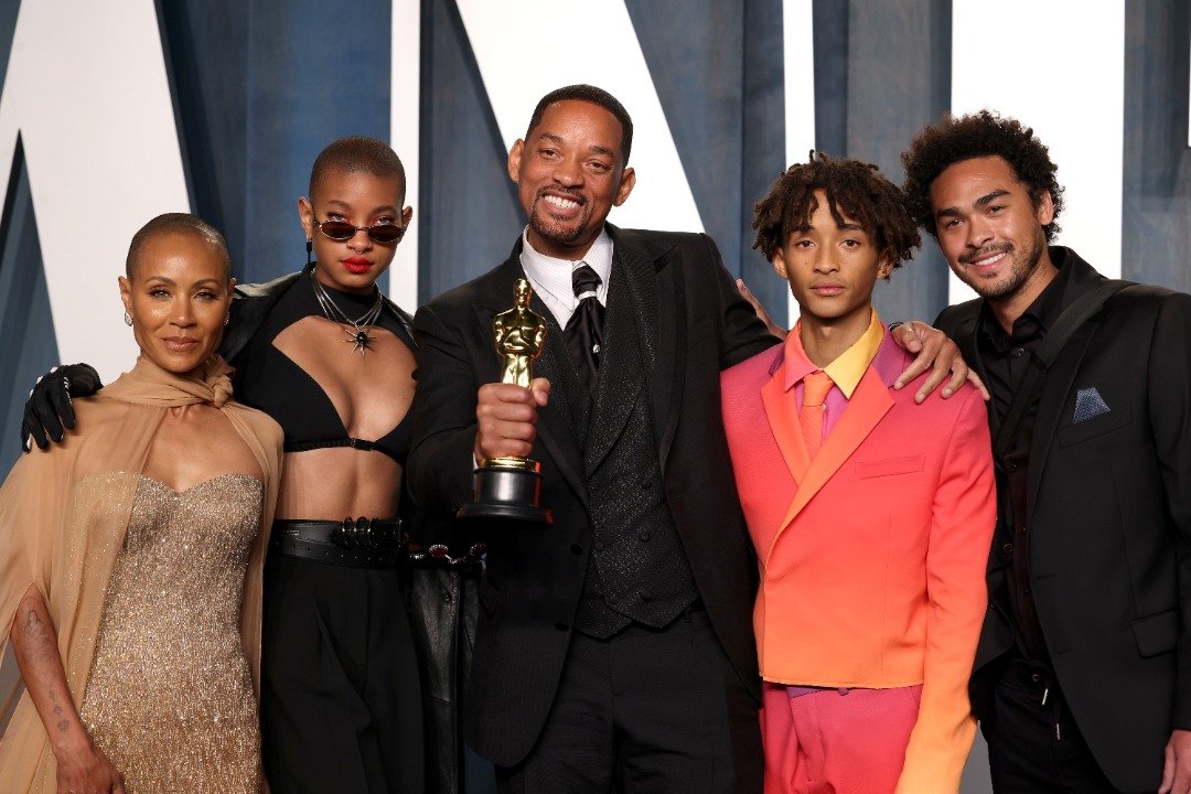 Jada Pinkett Smith, Willow Smith, Will Smith, Jaden Smith and Trey Smith at the 2022 Vanity Fair Oscar Party Hosted By Radhika Jones at Wallis Annenberg Center for the Performing Arts on March 27, 2022 in Beverly Hills, California. | Source: Getty Images
