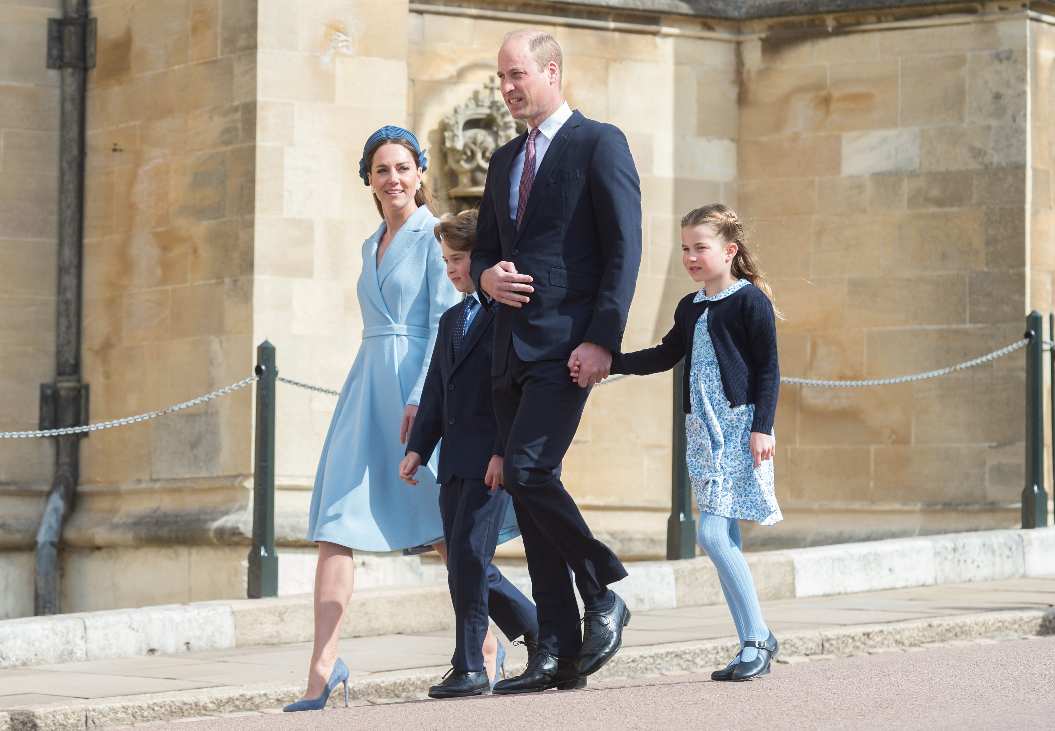 Prince William, Duke of Cambridge, Catherine, Duchess of Cambridge, Prince George and Princess Charlotte attend the traditional Easter Sunday Church service at St Georges Chapel in the grounds of Windsor Castle on April 17, 2022 in Windsor, England. | Source: Getty Images