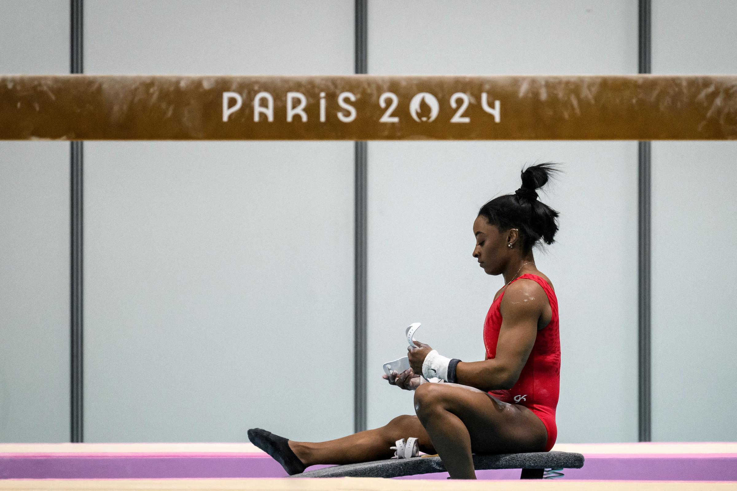 Simone Biles during a training session at Gymnastics training centre in Le Bourget, France on July 22, 2024 | Source: Getty Images