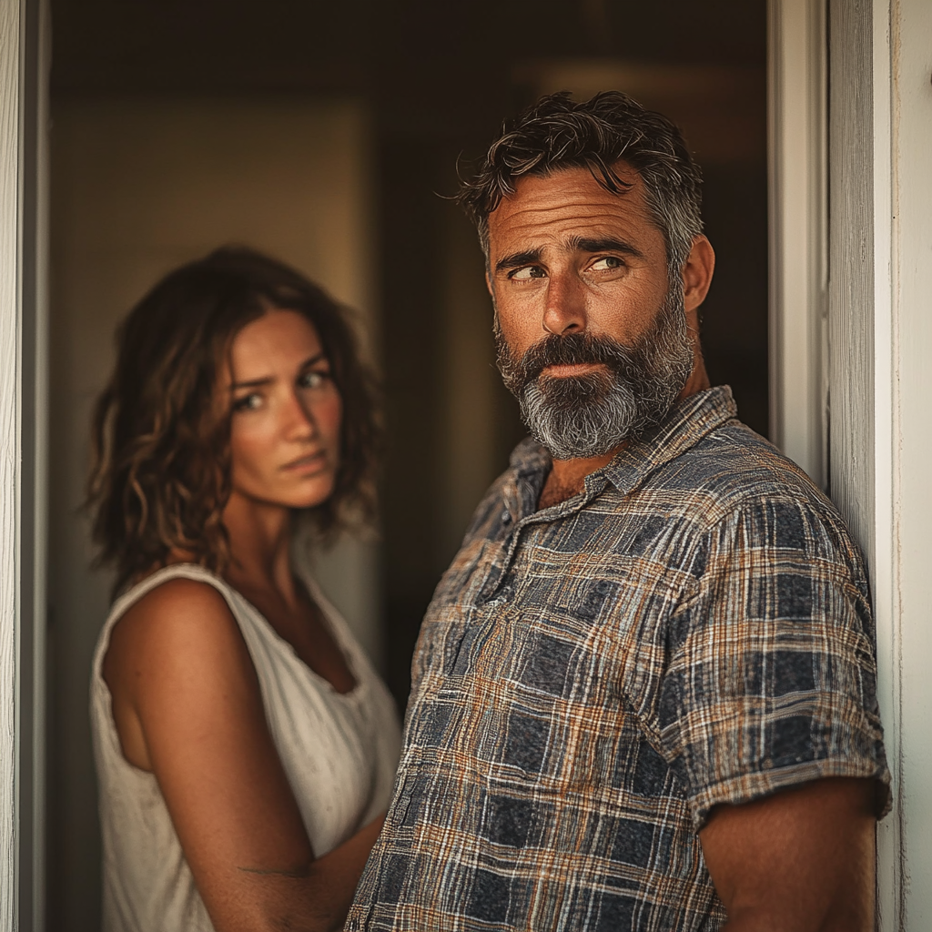 A man and his wife standing on the door | Source: Midjourney