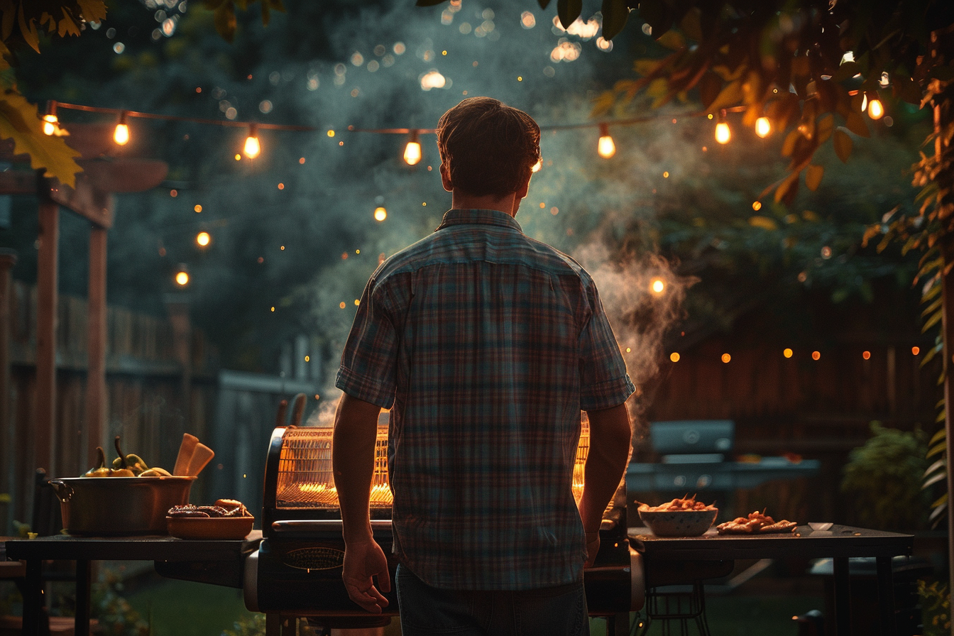 Rear view of man near a BBQ grill | Source: Midjourney