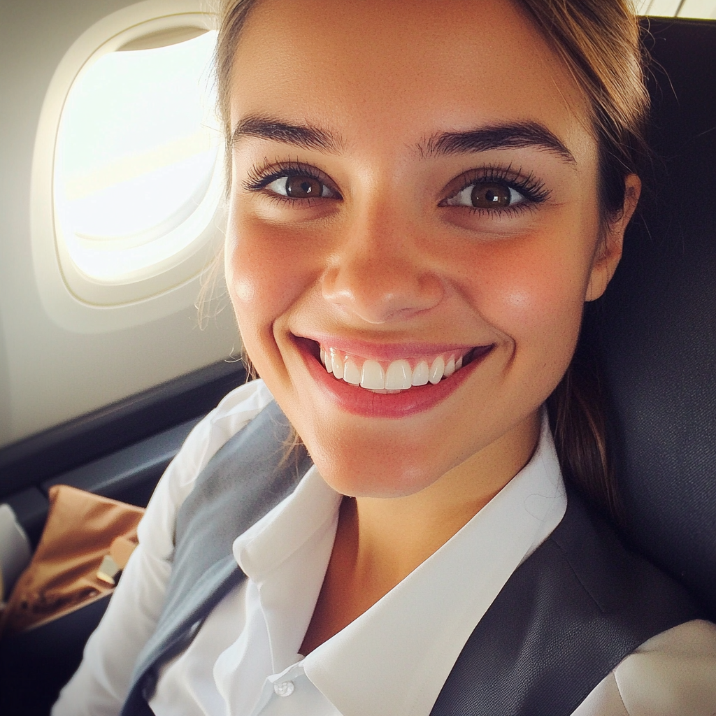 A smiling flight attendant | Source: Midjourney