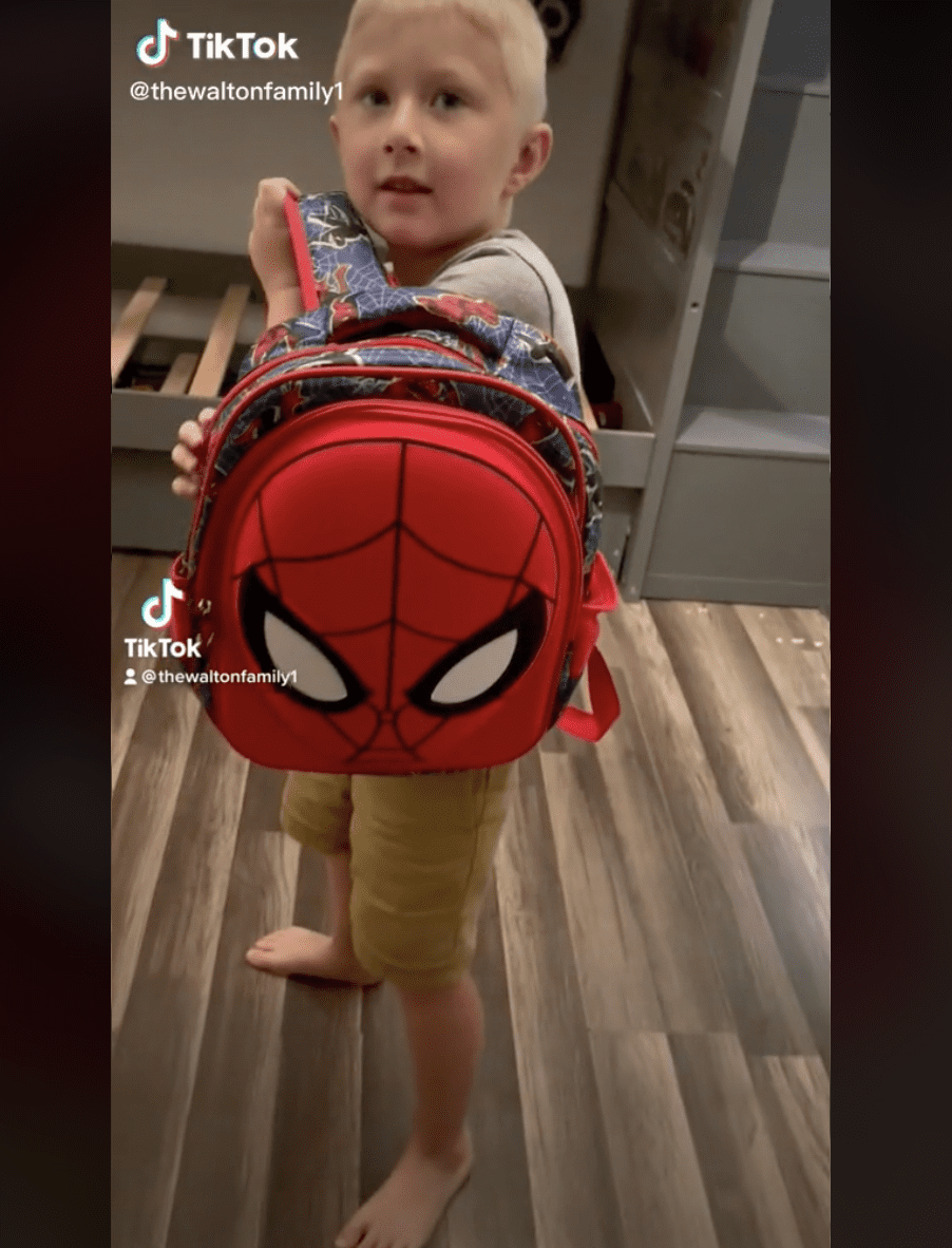Five-year-old Weston with his Spiderman backpack. | Source: Tiktok.com/@thewaltonfamily1