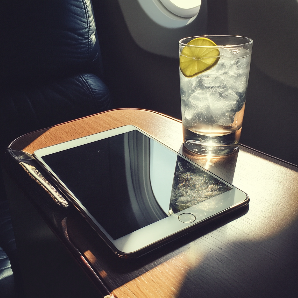 An iPad and a drink on a flight table | Source: Midjourney