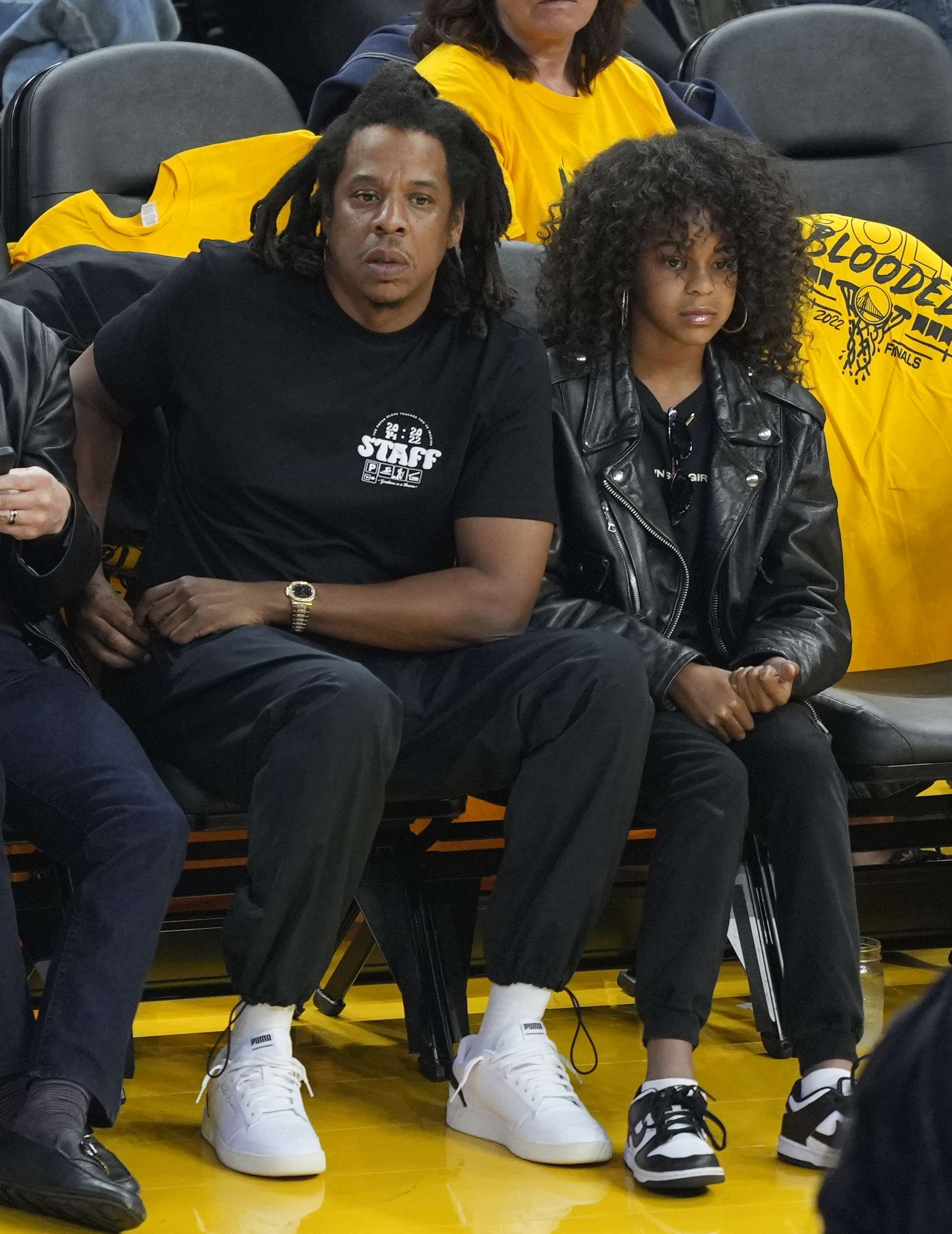 Jay-Z and Blue Ivy Carter look on during the second quarter of Game Five of the 2022 NBA Finals between the Boston Celtics and the Golden State Warriors at Chase Center on June 13, 2022, in San Francisco, California. | Source: Getty Images