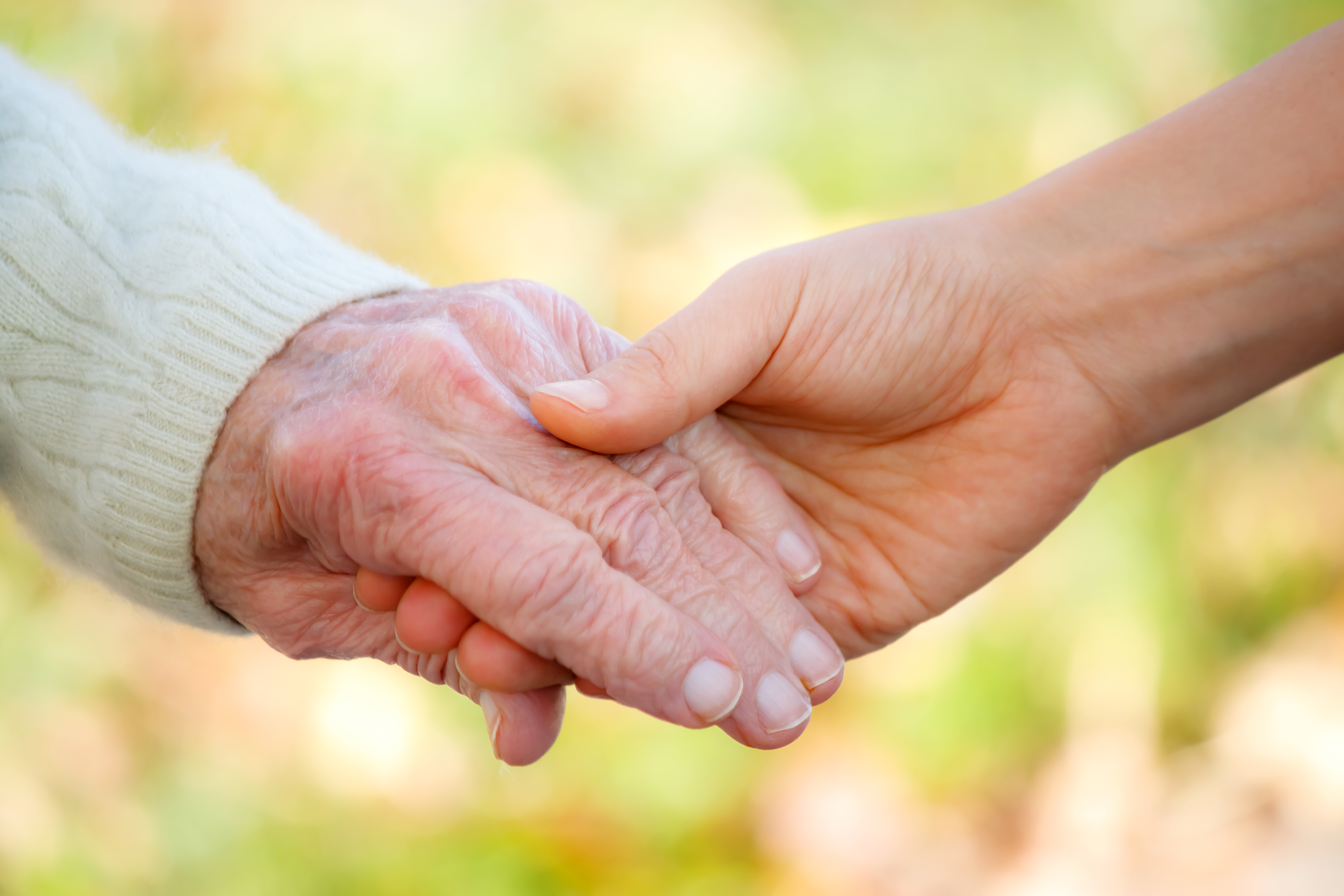 Senior and young holding hands outside | Source: Shutterstock
