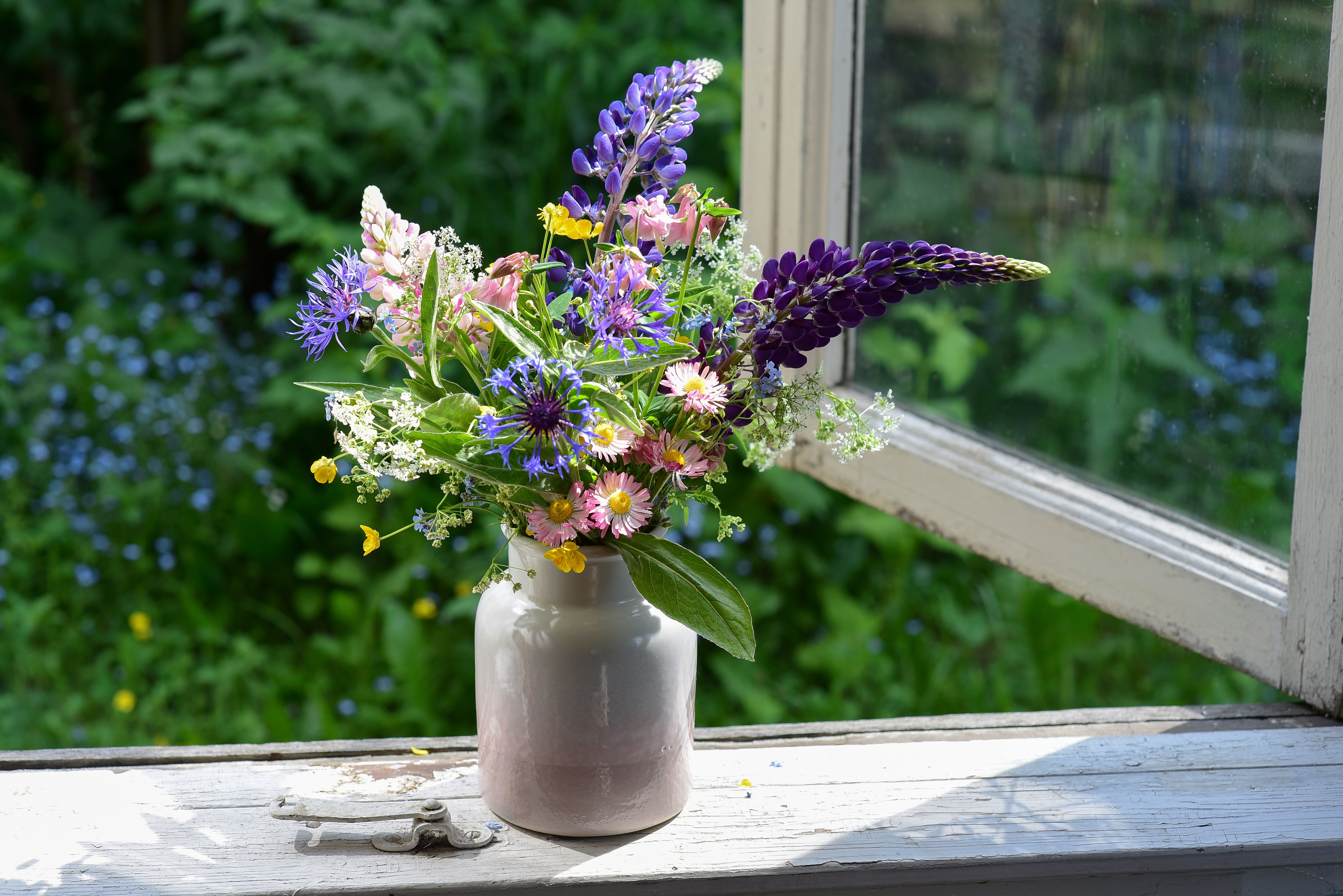 Bouquet of wild flowers in a vase on a wooden window sill | Source: Shutterstock