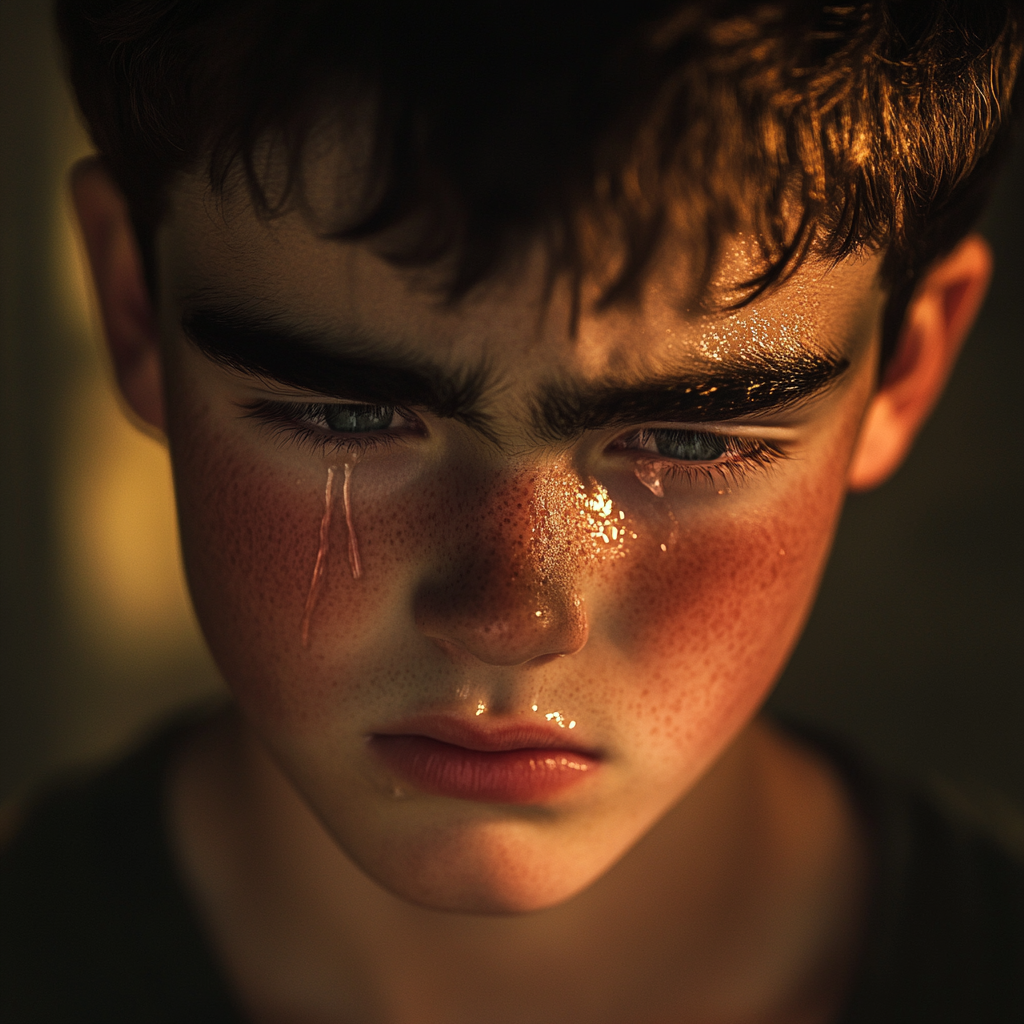 A teary-eyed teenage boy | Source: Midjourney