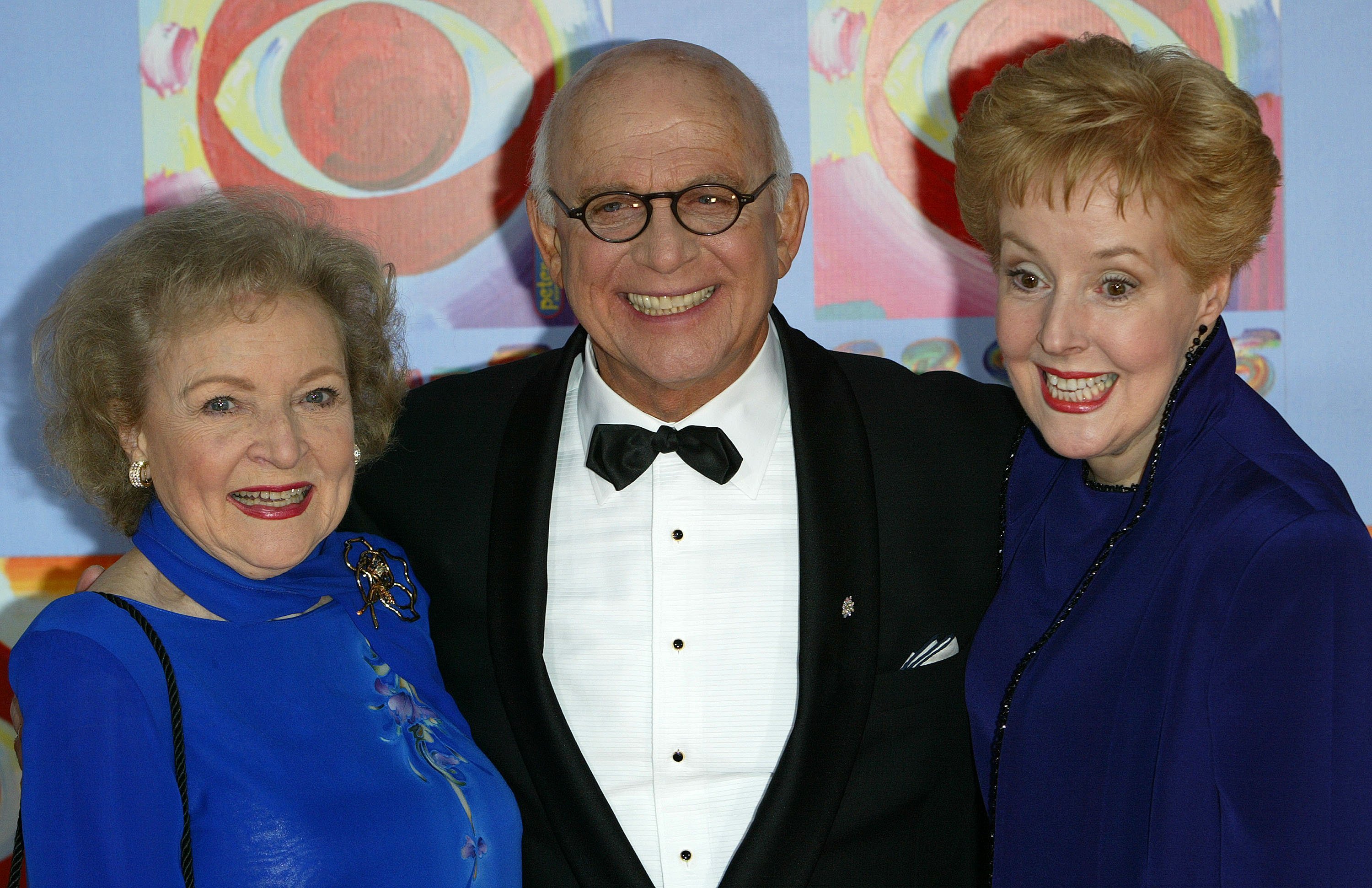 From left to right, Betty White, Gavin Macleod and actress Georgia Engel at the 'CBS At 75' celebration at the Hammerstein Ballroom in 2003. Photo: Getty Images