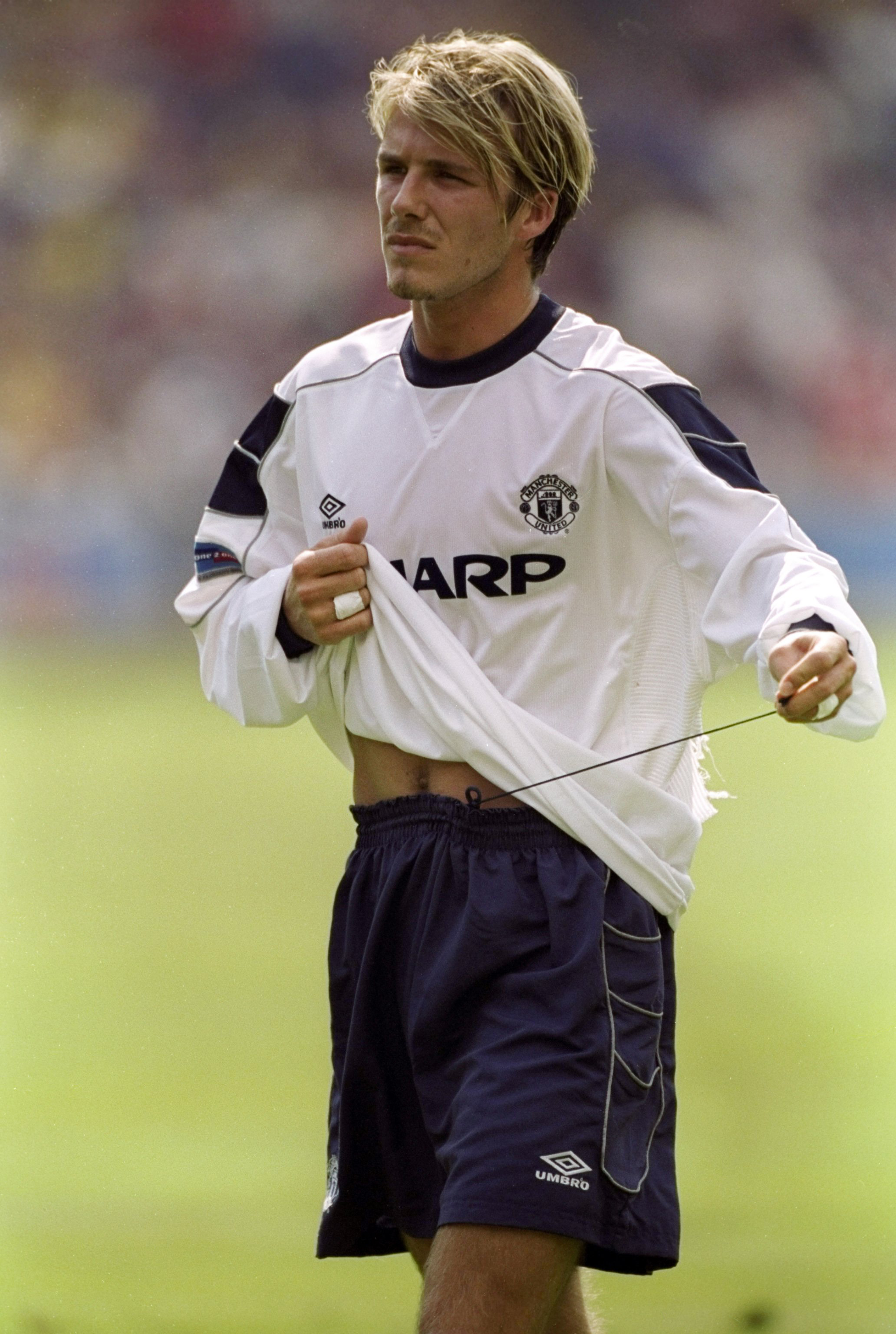 David Beckham plays for Manchester United against Arsenal in the FA Charity Shield at Wembley Stadium on August 1, 1999.