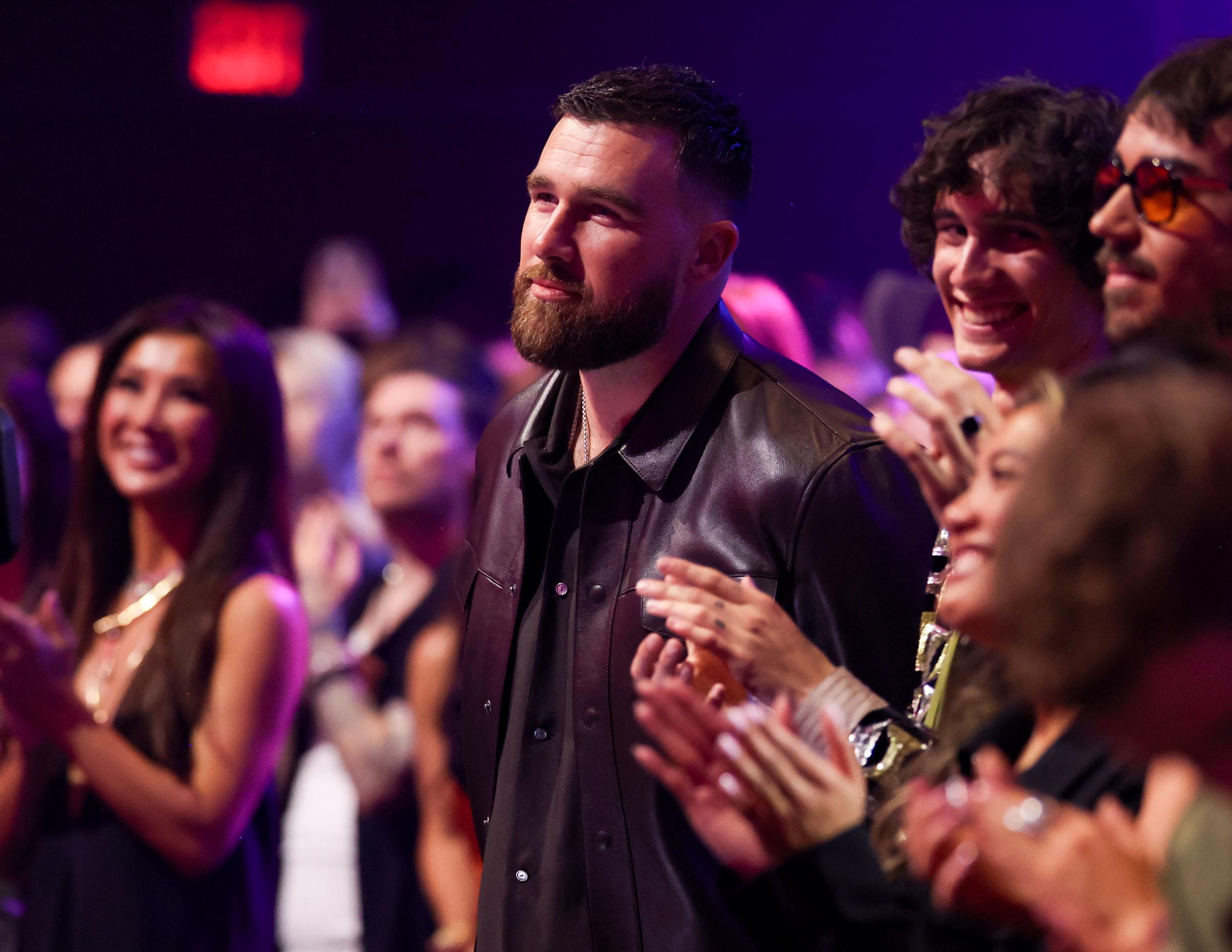 Travis Kelce watches Taylor Swift on stage at the 2026 iHeartRadio Music Awards | Source: Getty Images