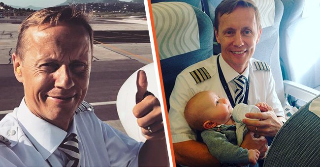 A candid selfie of Captain Tom Nystrom [Left]. Nystrom poses for a photo while bottle-feeding the baby during the flight [Right]. | Photo: instagram.com/amipix | instagram.com/tom_of_finnair 