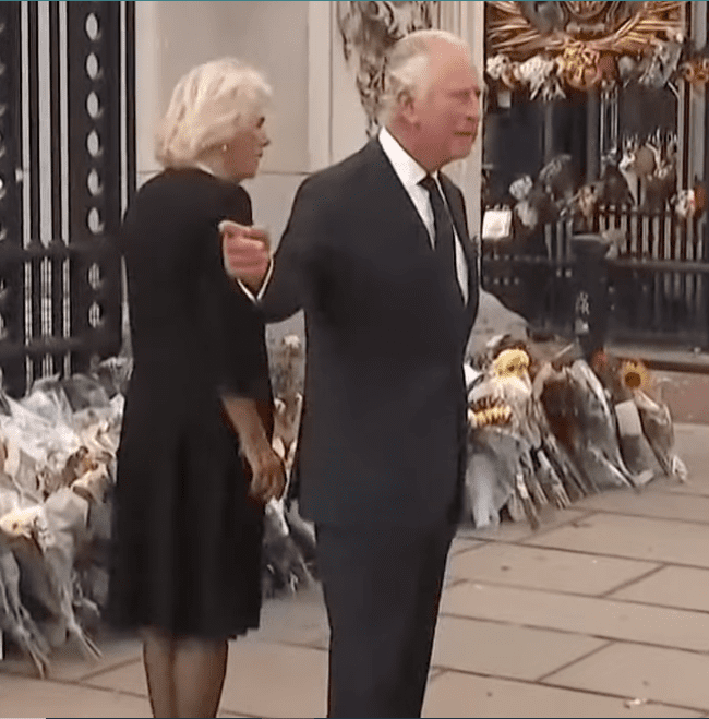 King Charles III and his wife, Queen Consort Camila at the Buckingham Palace gates | Source: YouTube/The Sun