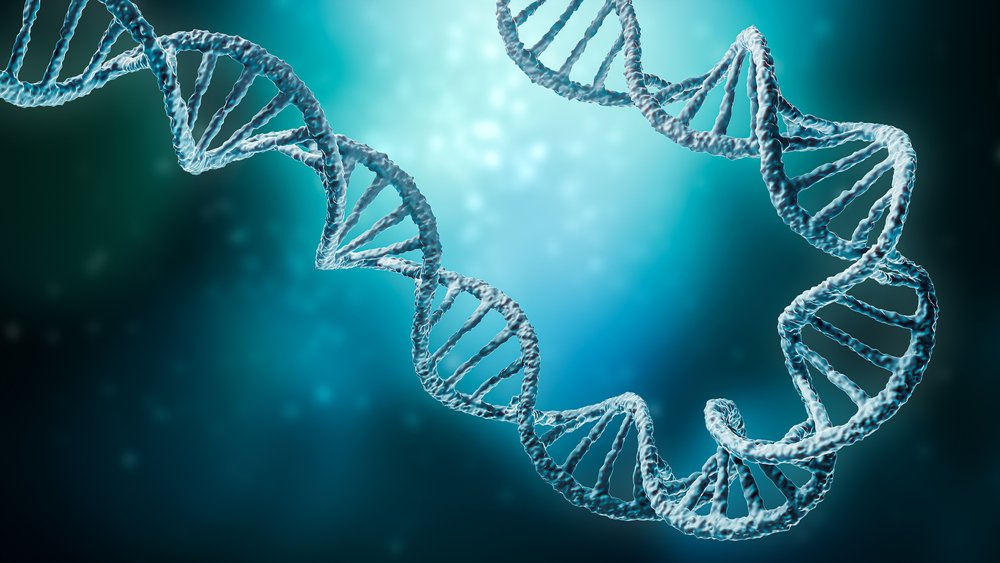 Doppelhelix-DNA-Stränge auf blauem Hintergrund. I Quelle: Shutterstock