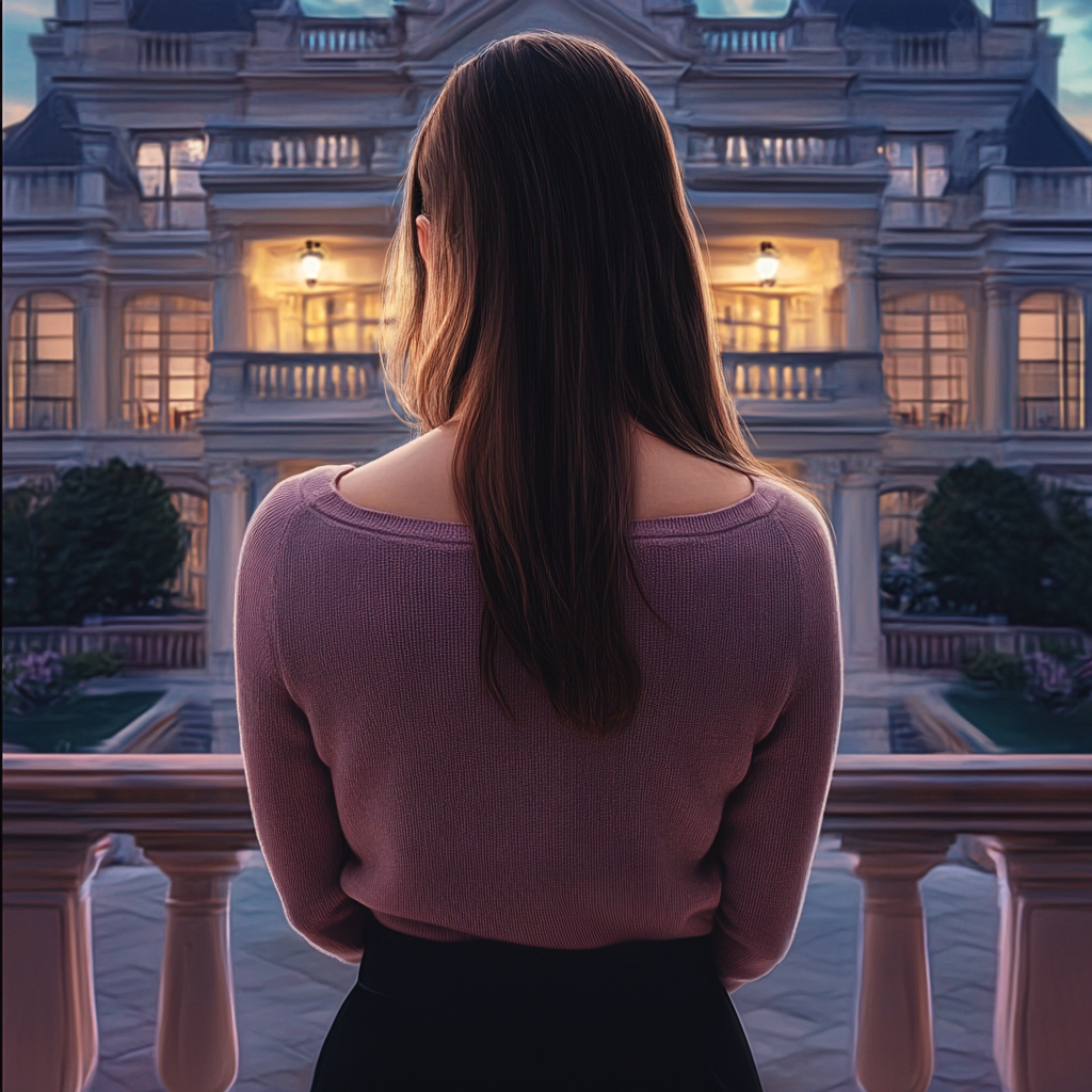 A woman standing in front of a huge mansion | Source: Midjourney