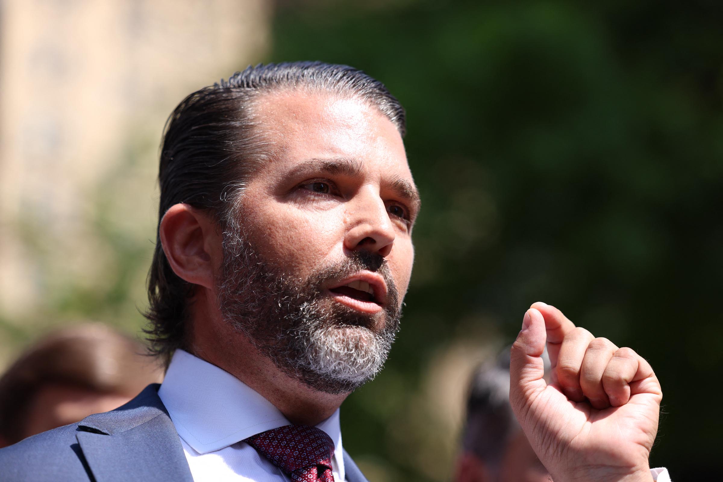 Donald Trump Jr. addressing the media outside of the Manhattan Criminal Court in New York City on May 21, 2024. | Source: Getty Images