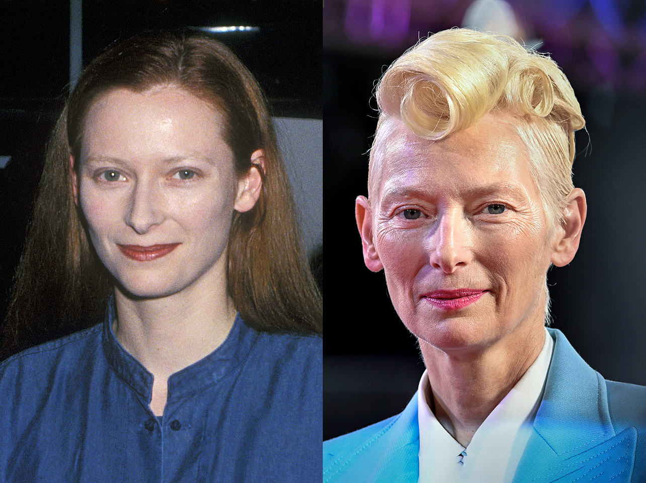 Tilda Swinton in her younger years and her now. | Source: Getty Images