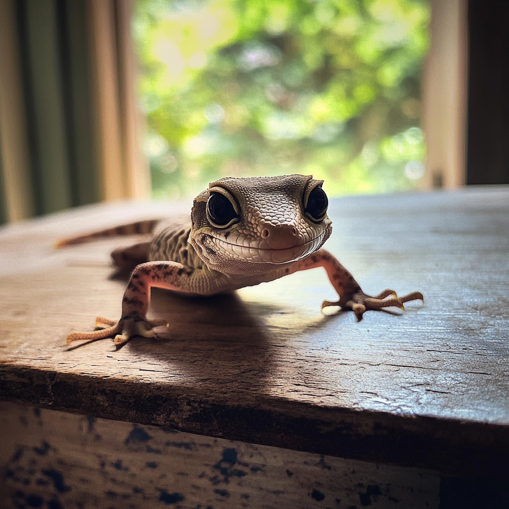 A pet gecko on a table | Source: Midjourney