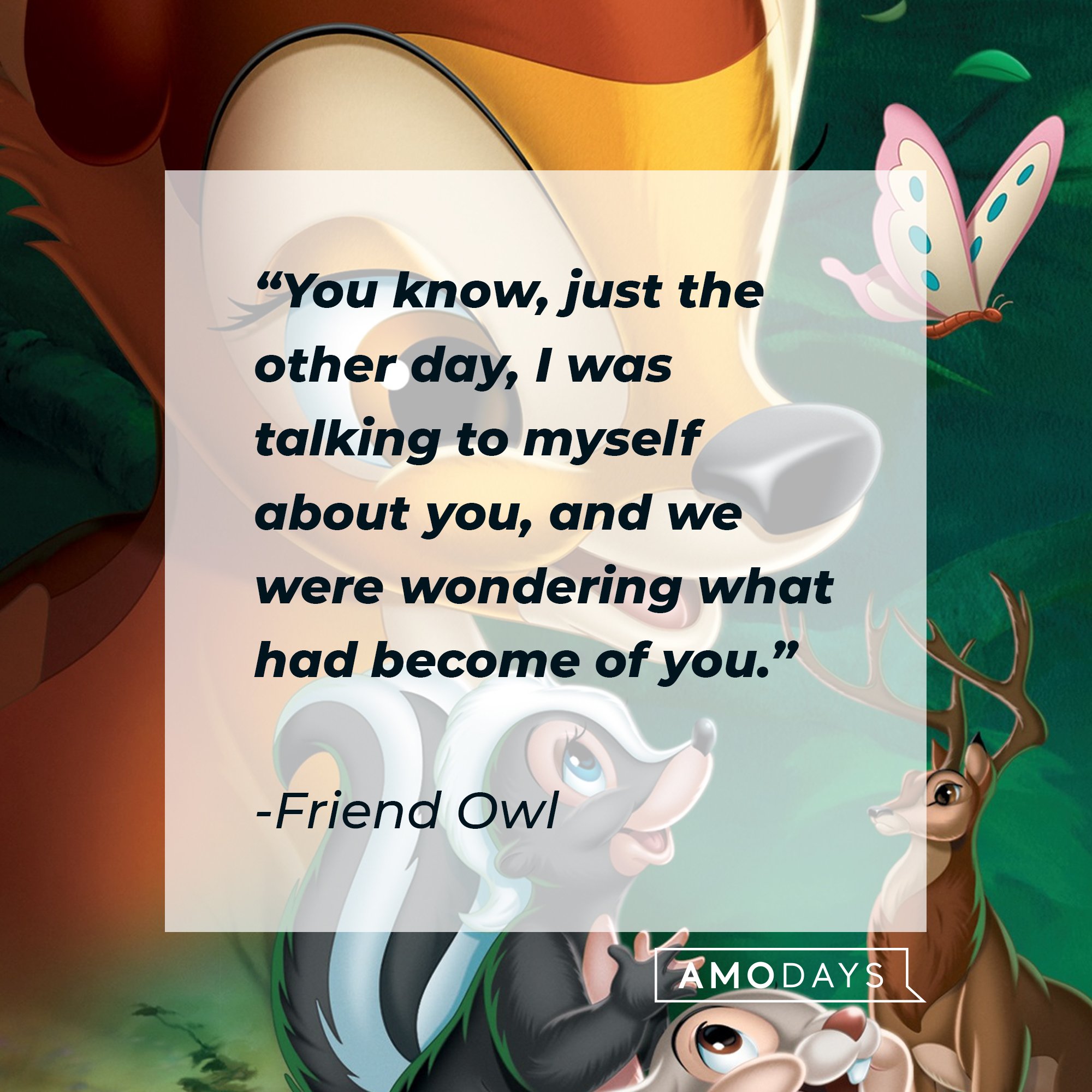 Friend Owl's quote "You know, just the other day, I was talking to myself about you, and we were wondering what had become of you." | Source: facebook.com/DisneyBambi