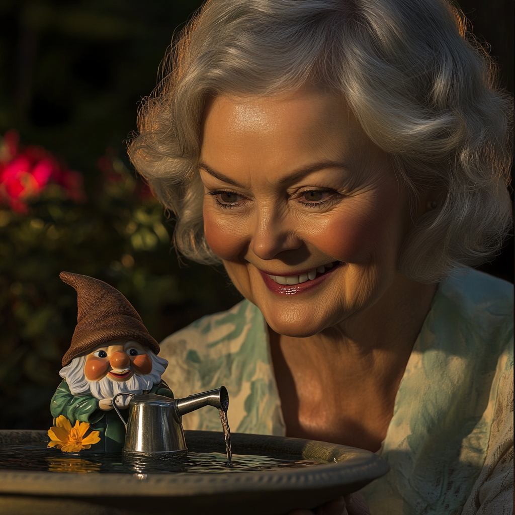 A delighted older lady admiring a garden gnome | Source: Midjourney