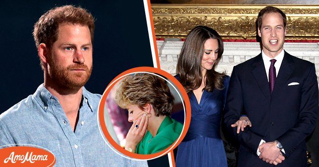 Prince Harry at the Global Citizen VAX LIVE: The Concert To Reunite The World on May 8, 2021 [left], Princess Diana wearing her engagement ring on April 28, 1992 [center], Prince William and Kate Middleton at the State Apartments of St James Palace on November 16, 2010 [right] | Source: Getty Images