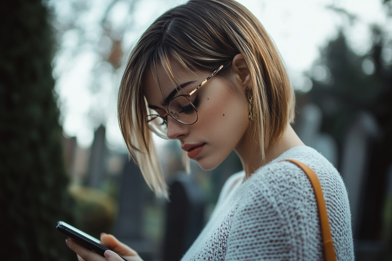 A woman looking at her phone | Source: Midjourney