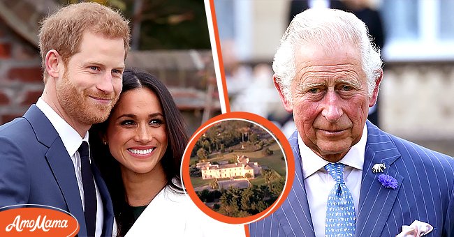 Picture of Prince Harry and Meghan Markle [left]. Picture of Prince Harry and Meghan Markle's mansion [center]. Picture of Prince Charles [right] | Photo: Getty Images ||  youtube.com/ETCanadaOfficial