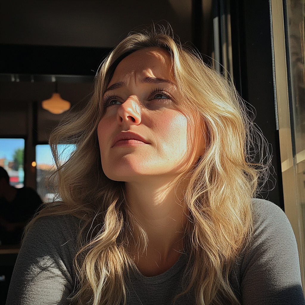 An upset woman sitting in a coffee shop | Source: Midjourney