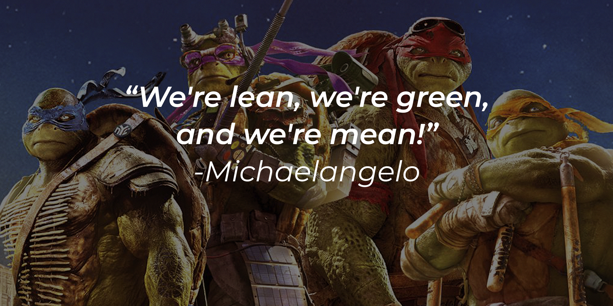A photo of the Teenage Mutant Ninja Turtles with Michaelangelo's quote: "We're lean, we're green, and we're mean!" | Source: facebook.com/TMNT