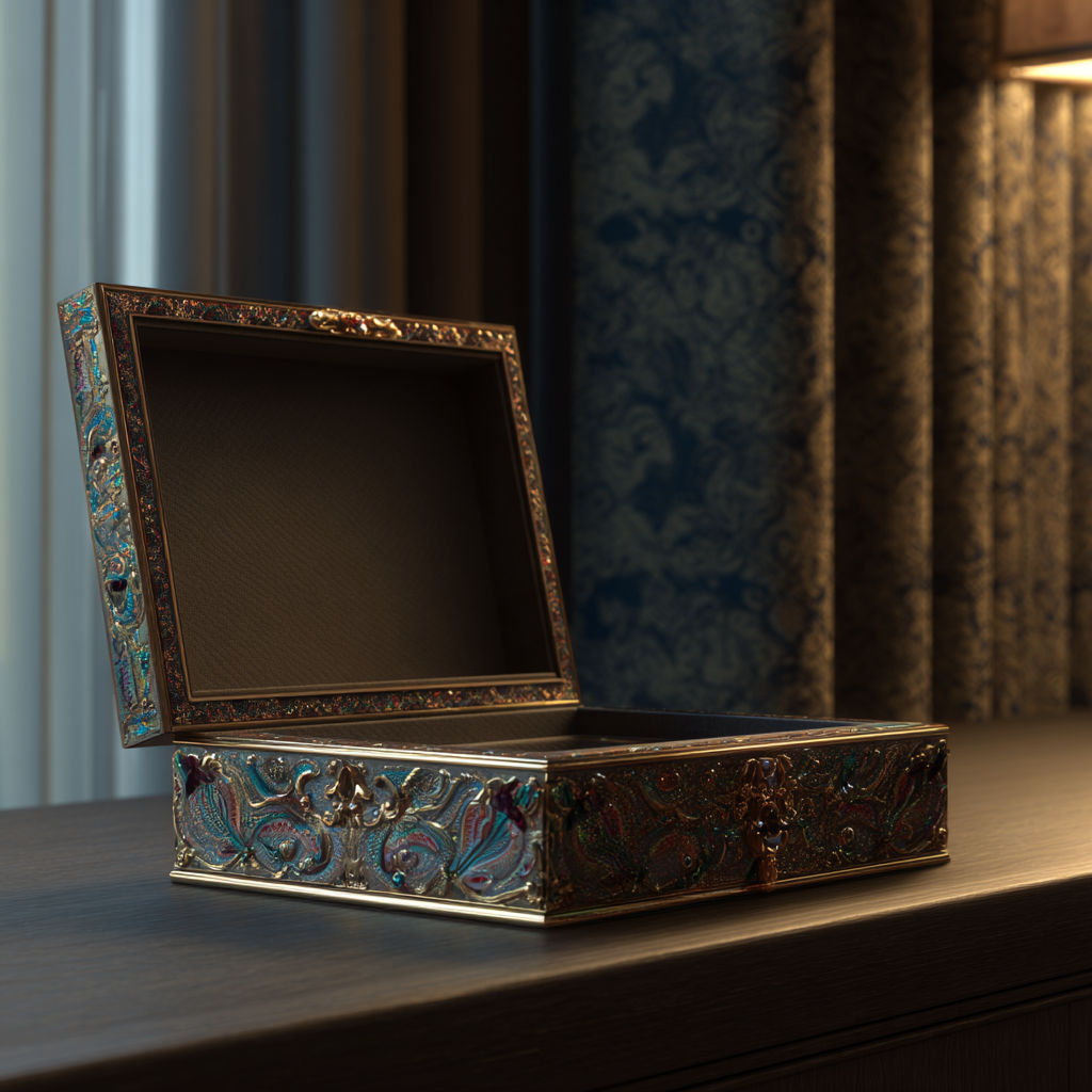 An empty jewelry box lying on a dresser | Source: Midjourney