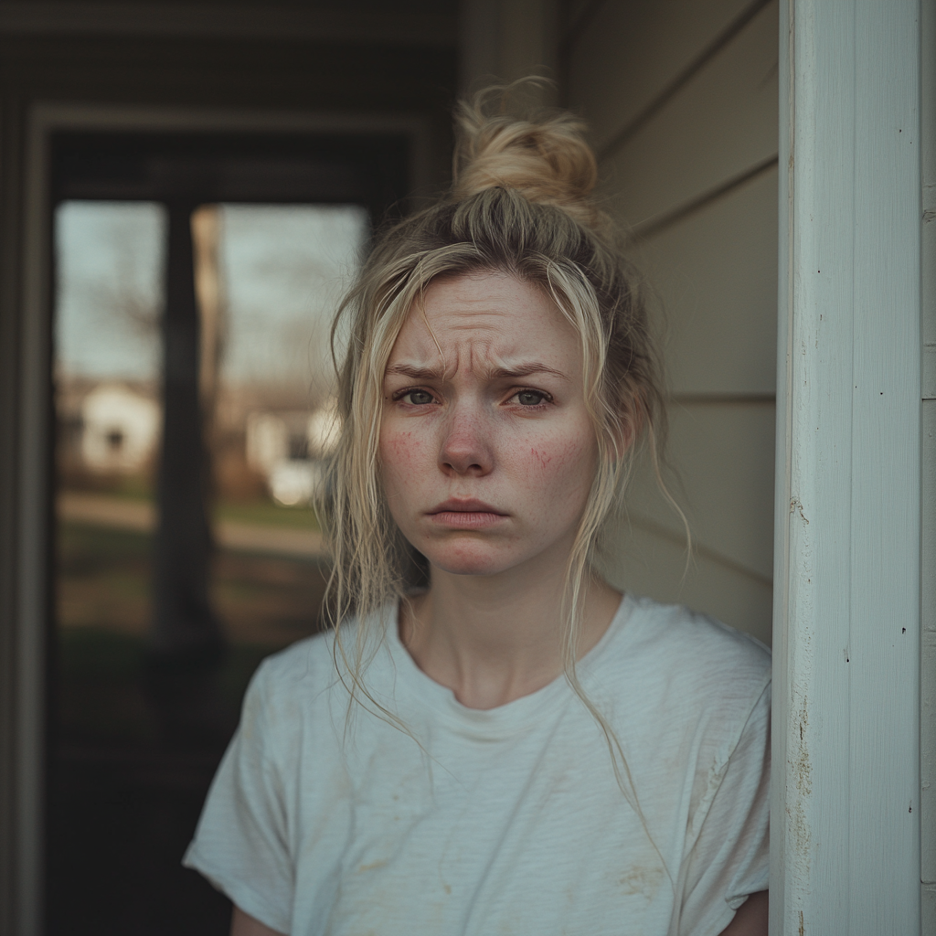 A blonde-haired woman with tired eyes standing outside a house | Source: Midjourney