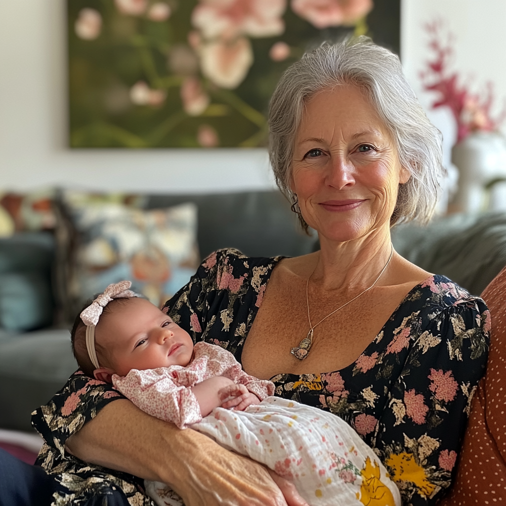 An older woman holding a newborn | Source: Midjourney