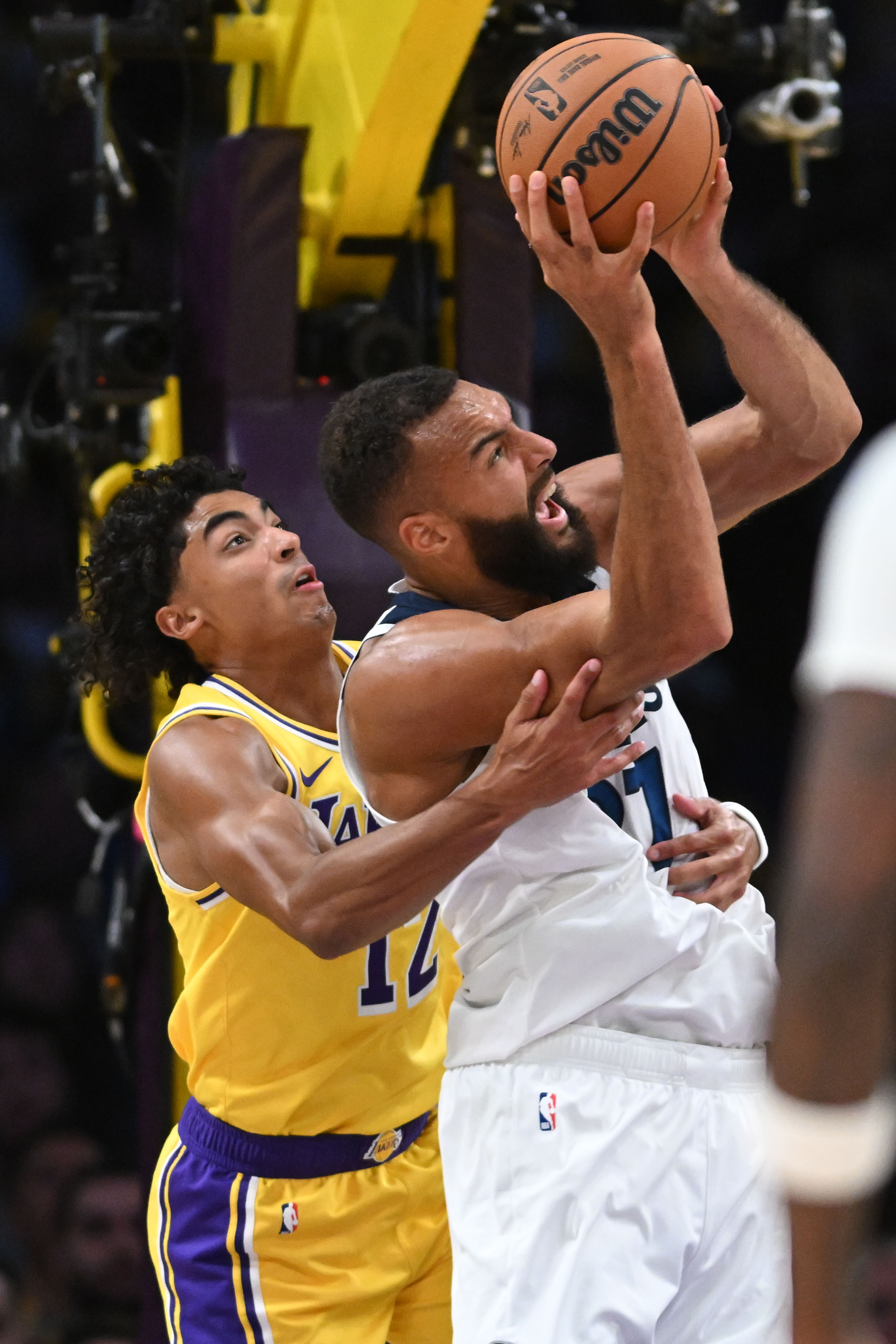 Lakers player, Max Christie, Timberwolves player, Rudy Gobert, during first quarter action at Crypto.com Arena on October 22, 2024 | Source: Getty Images