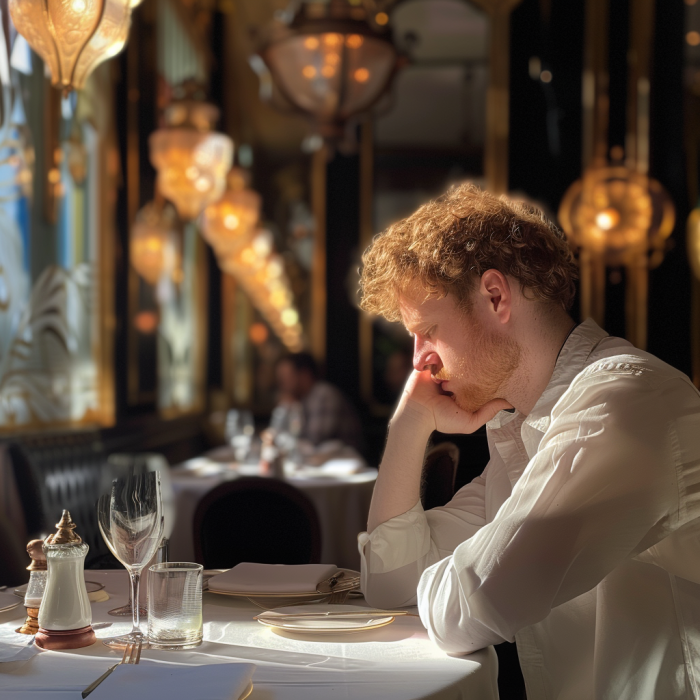 A depressed man sitting alone in a restaurant | Source: Midjourney