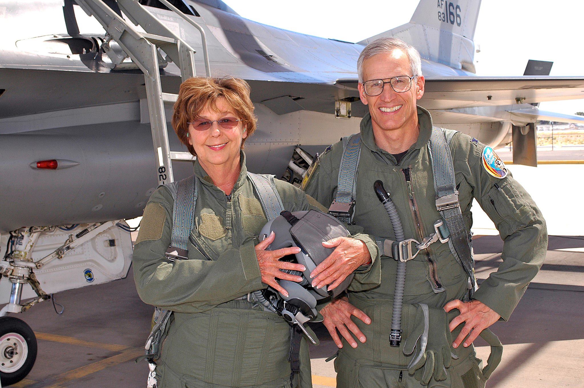 A younger Nancy Guthrie and a man take photo beside an F-16, from a post dated September 4, 2015. | Source: Facebook/NancyGuthrie