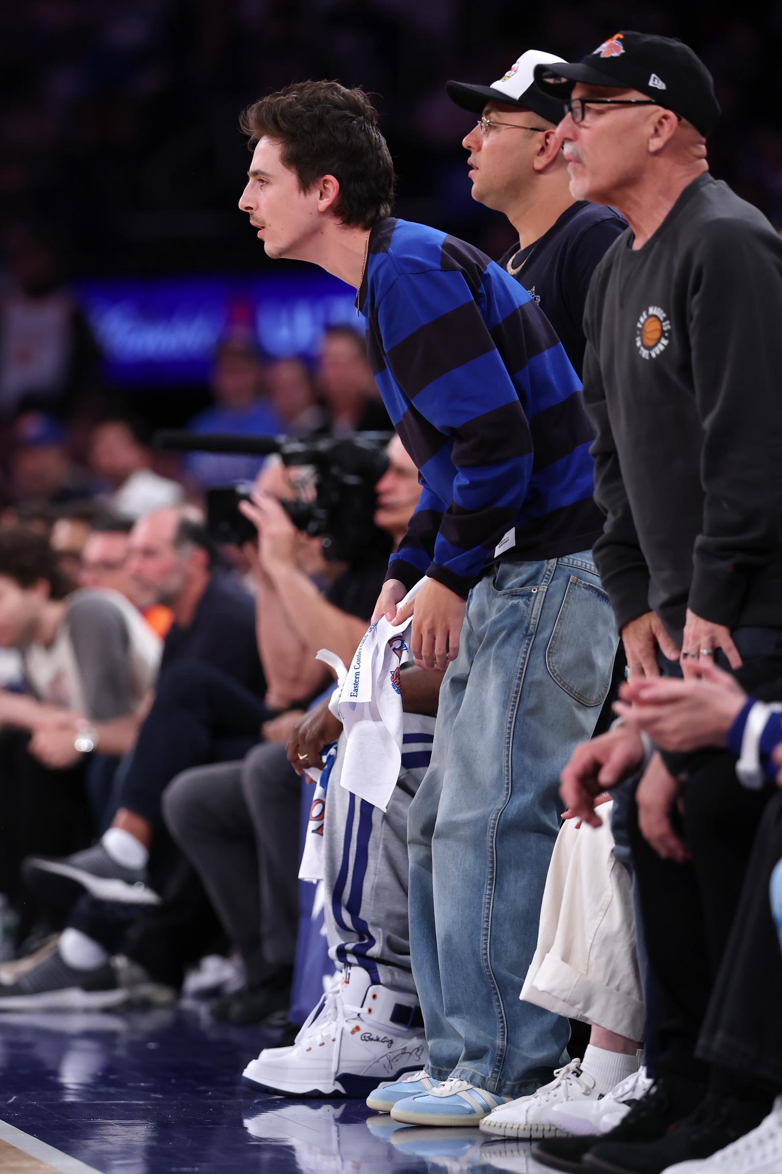Timothée Chalamet  in Game One of the Second Round of the NBA Eastern Conference Playoffs at Madison Square Garden on May 04, 2026 in New York City. | Source: Getty Images