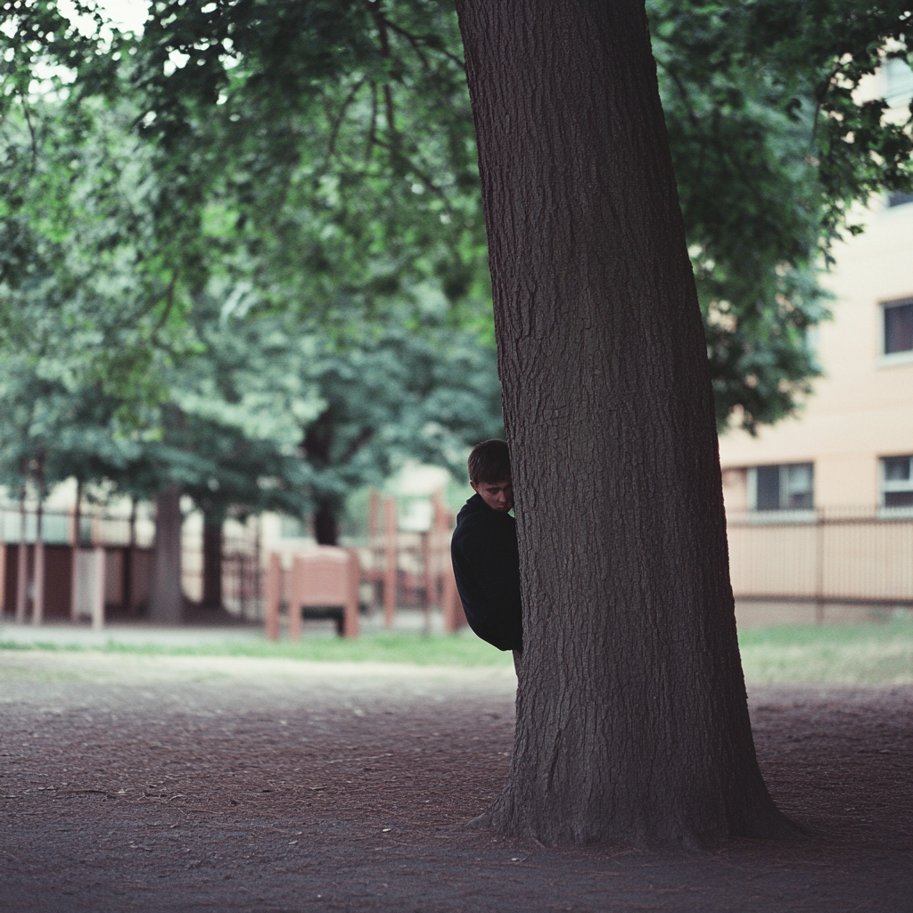 A man hiding behind a tree near the school playground | Source: Midjourney