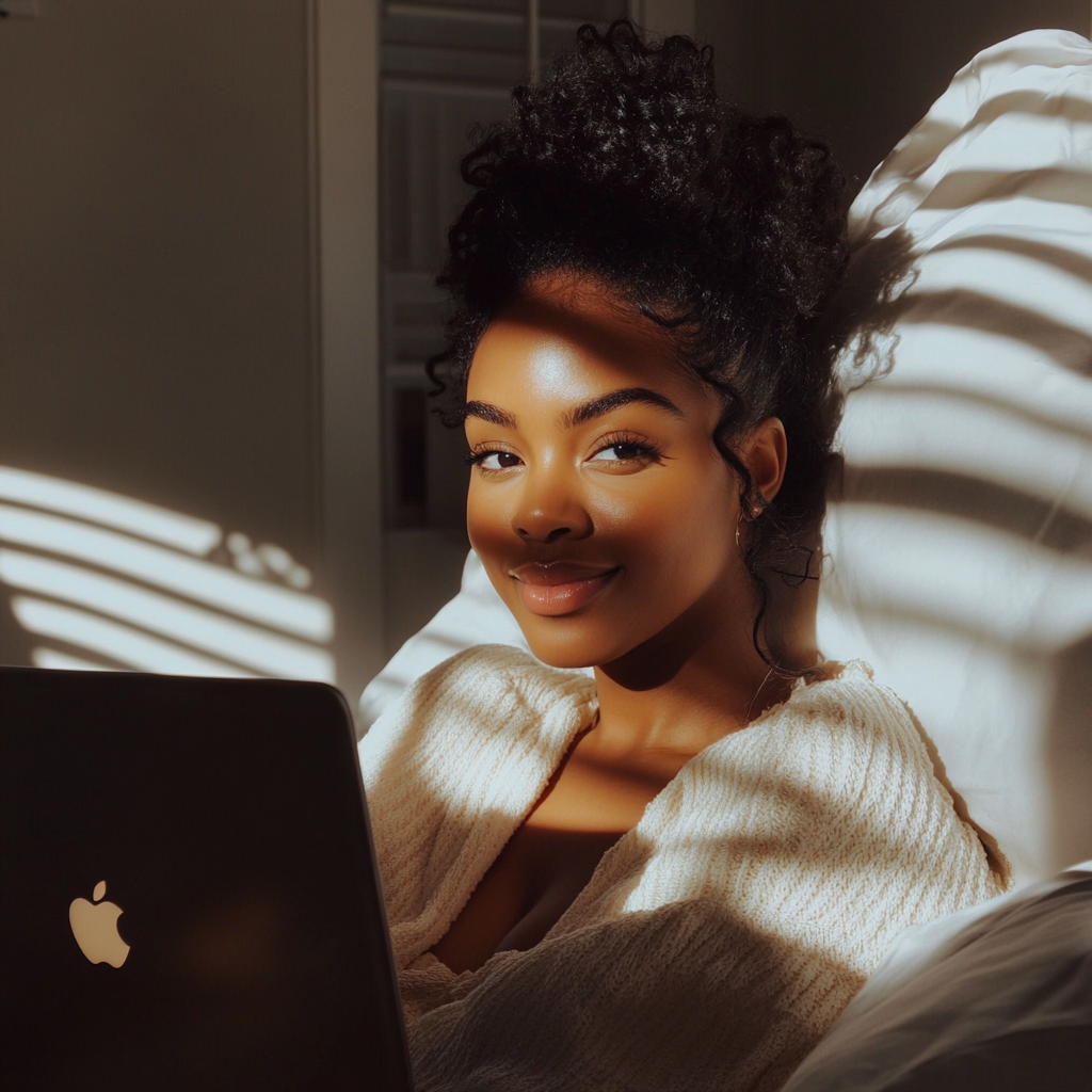 A woman sitting in bed with her laptop | Source: Midjourney