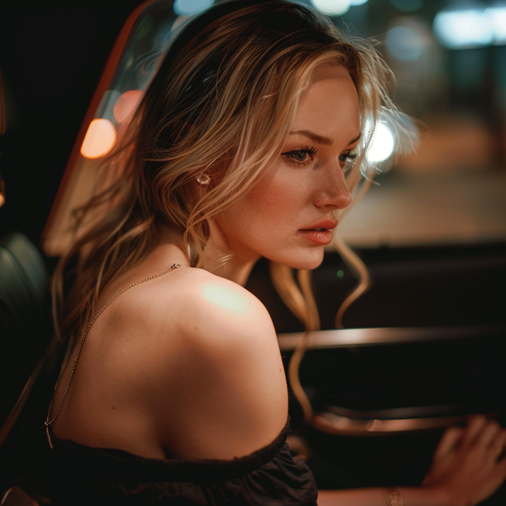 A teary-eyed woman sitting in the backseat of a cab | Source: Midjourney