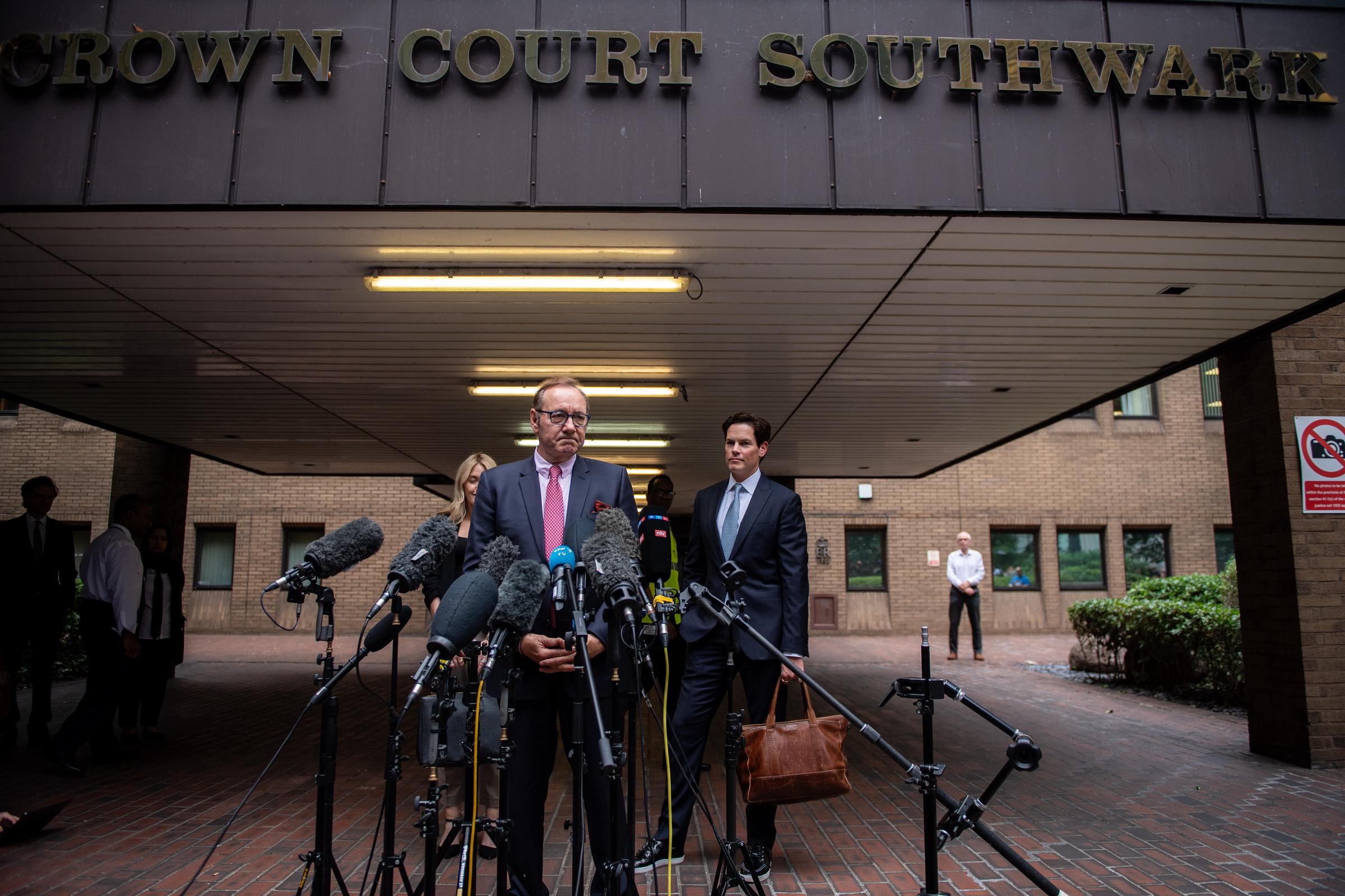 Kevin Spacey speaks to press after leaving court at Southwark Crown Court in London, England on July 26, 2023. | Source: Getty Images