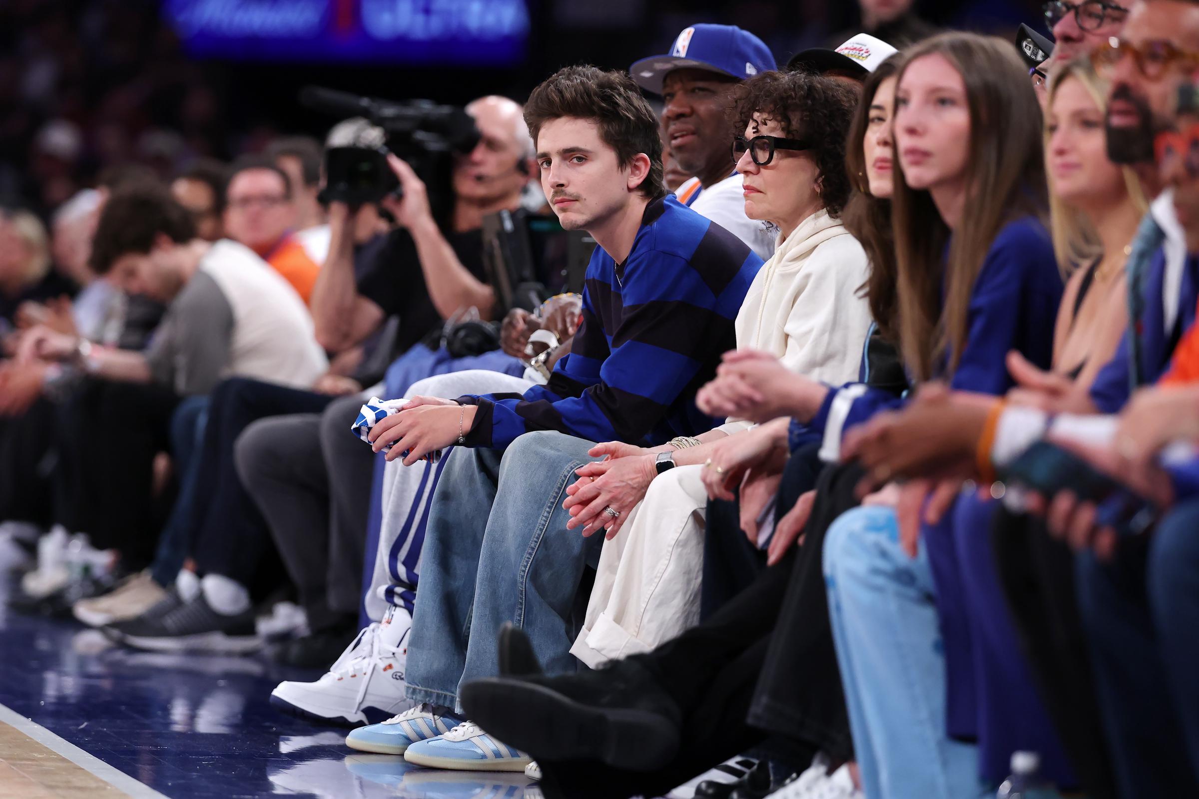 Timothée Chalamet in Game One of the Second Round of the NBA Eastern Conference Playoffs at Madison Square Garden on May 04, 2026 in New York City. | Source: Getty Images