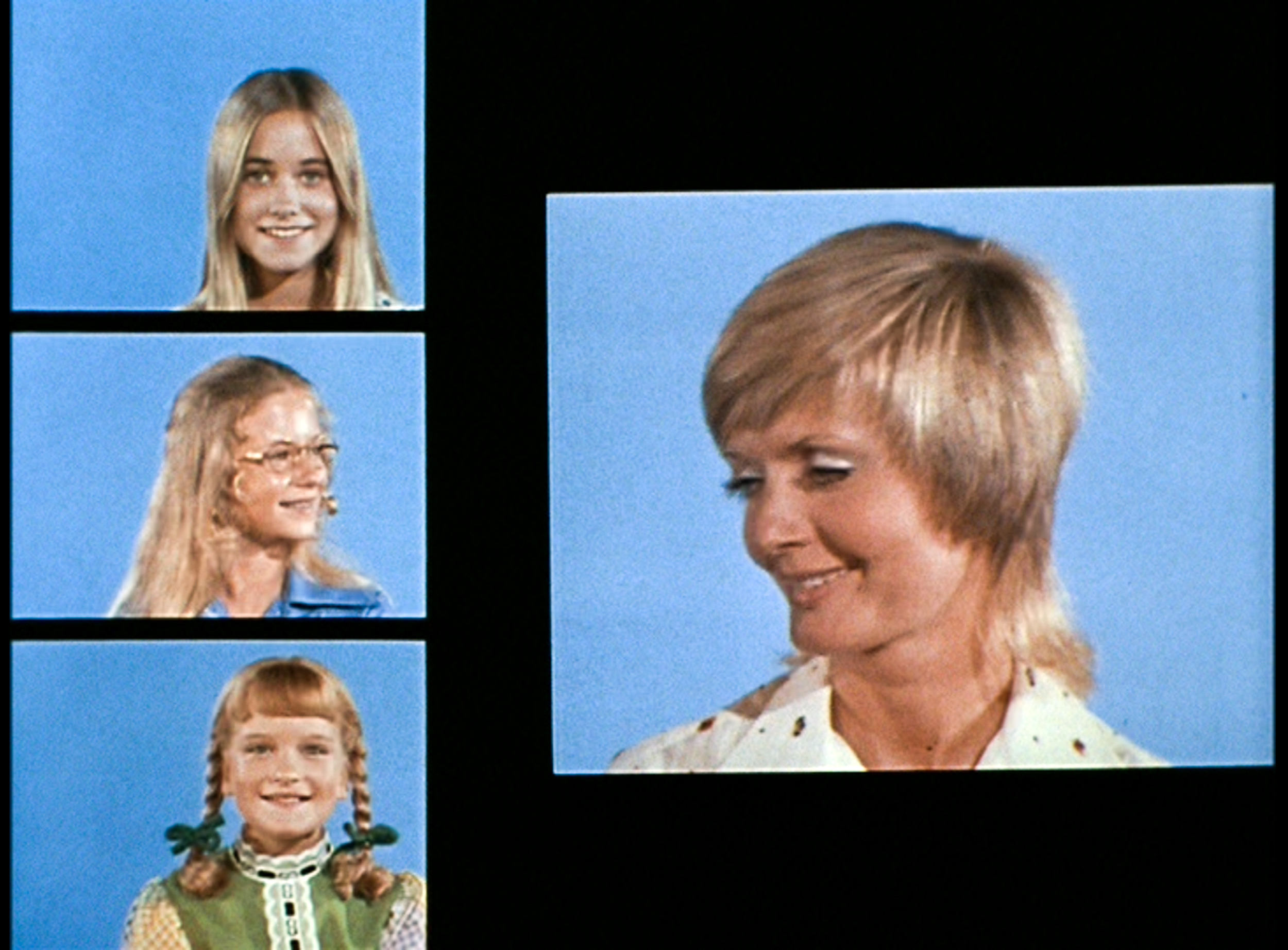Maureen McCormick, Eve Plumb, Susan Olsen, and Florence Henderson as Marcia, Jan,  Cindy, and Carol Brady in "The Brady Bunch" in Los Angeles, 1972 | Source: Getty Images