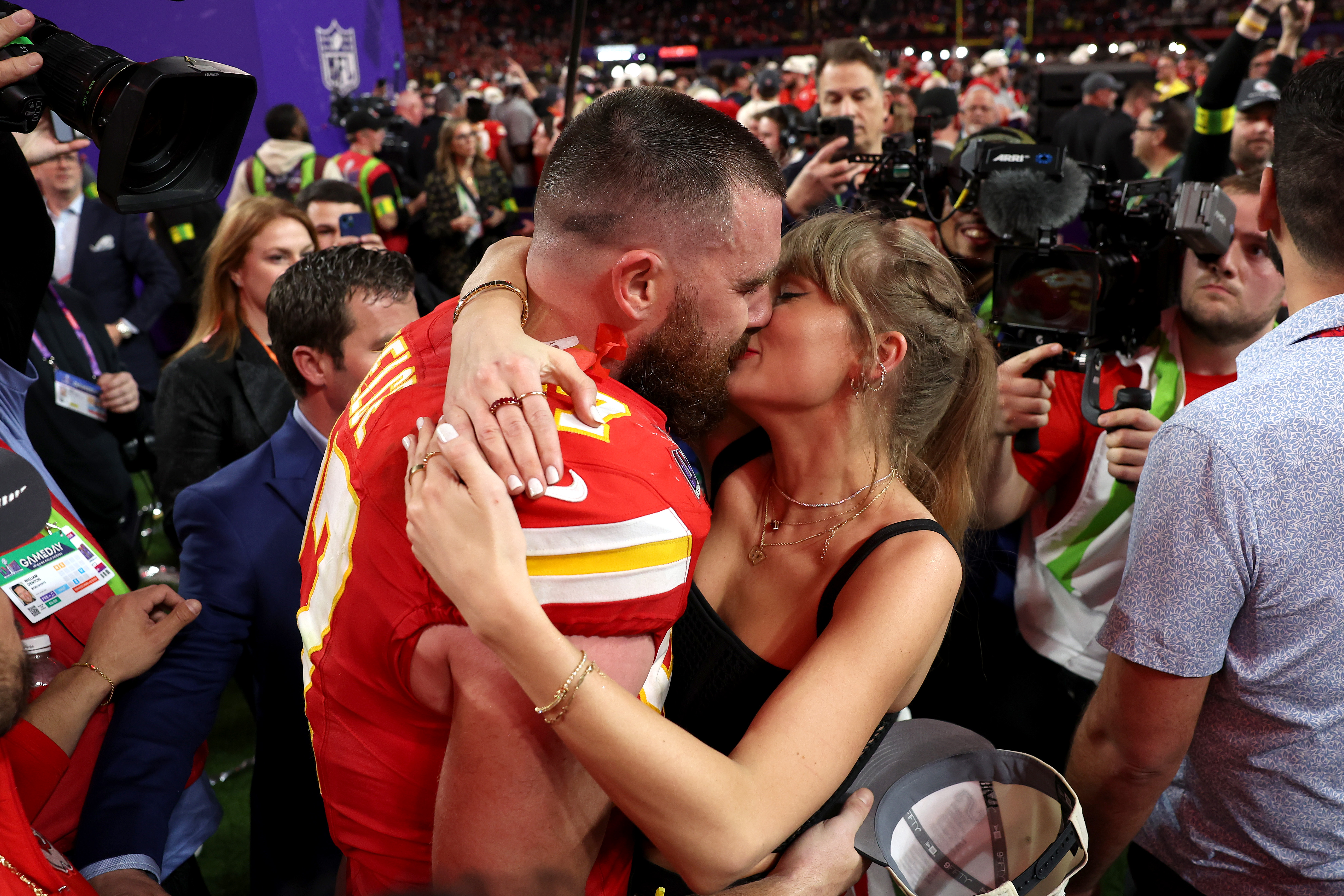 Travis Kelce and Taylor Swift embracing after his team defeated the San Francisco 49ers in overtime during Super Bowl LVIII at Allegiant Stadium on February 11, 2024, in Las Vegas, Nevada. | Source: Getty Images