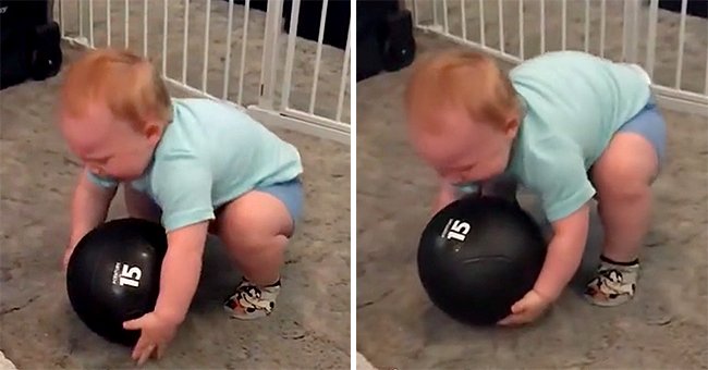 1-year-old boy picking up a 15-lb medicine ball. | Source: tiktok.com/truerebel88